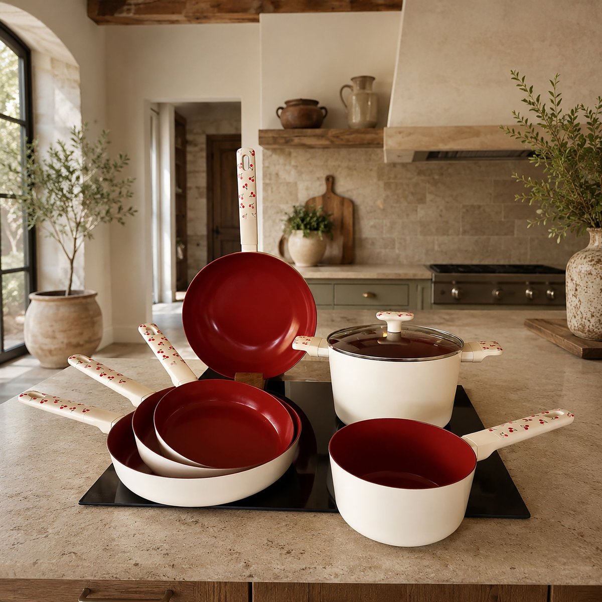 Batterie de cuisine 6 pièces en aluminium, CERISE beige-rouge, MENASTYL