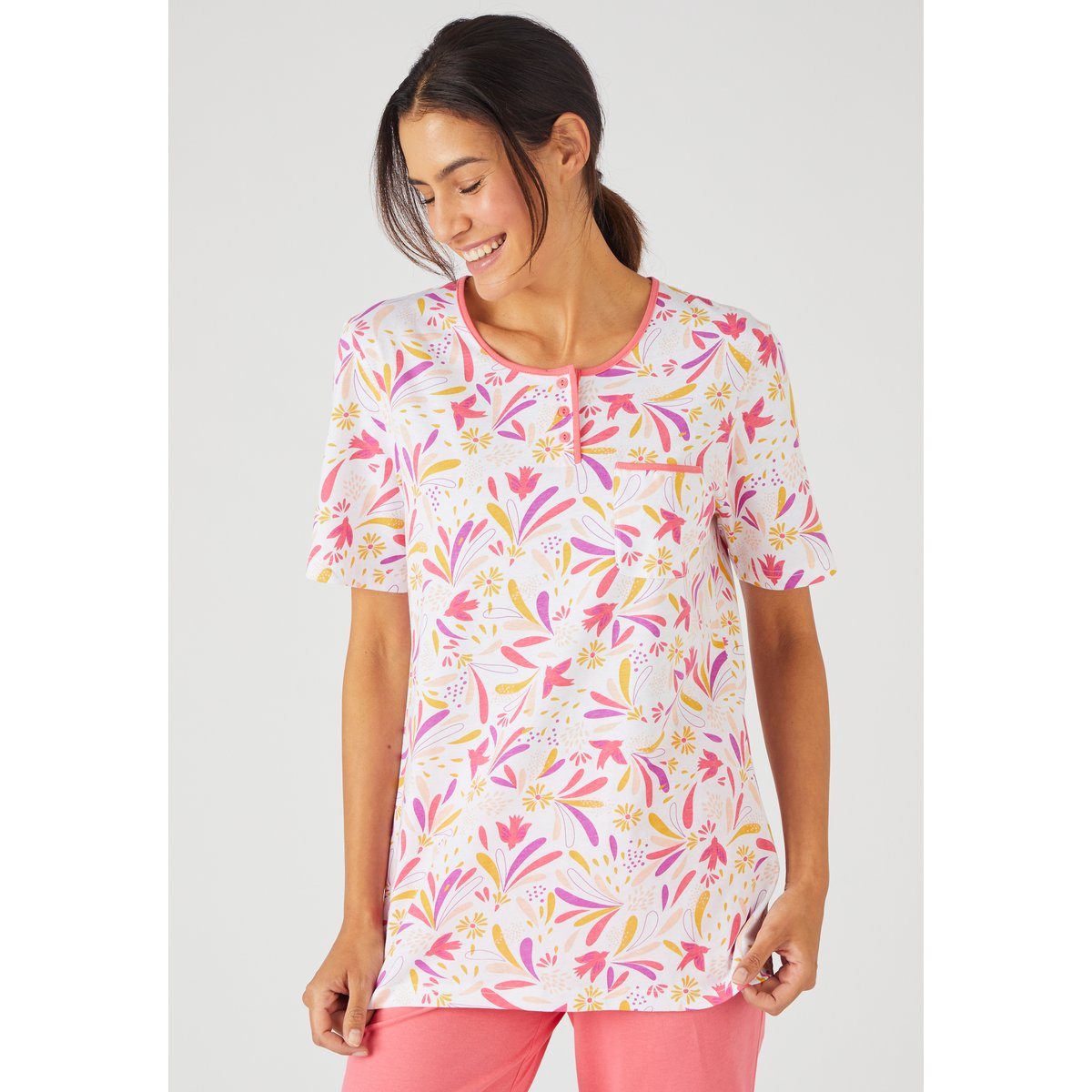 Pyjacourt maille jersey pur coton peigné rouge rayé, DAMART
