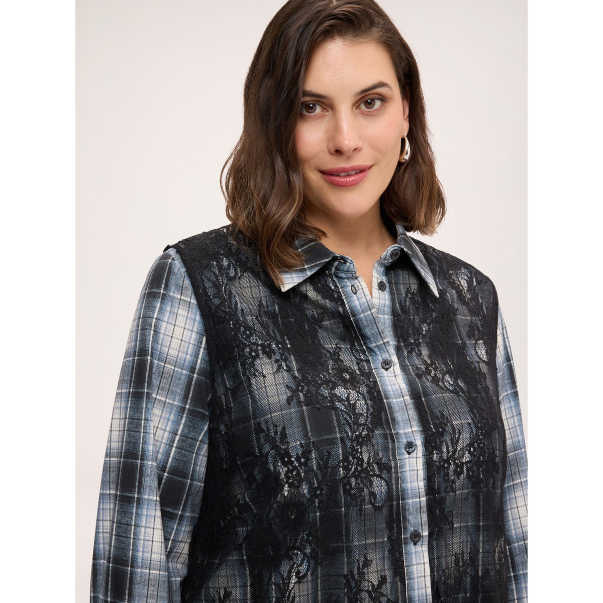 Chemise à carreaux avec empiècements en dentelle florale noir, FIORELLA RUBINO