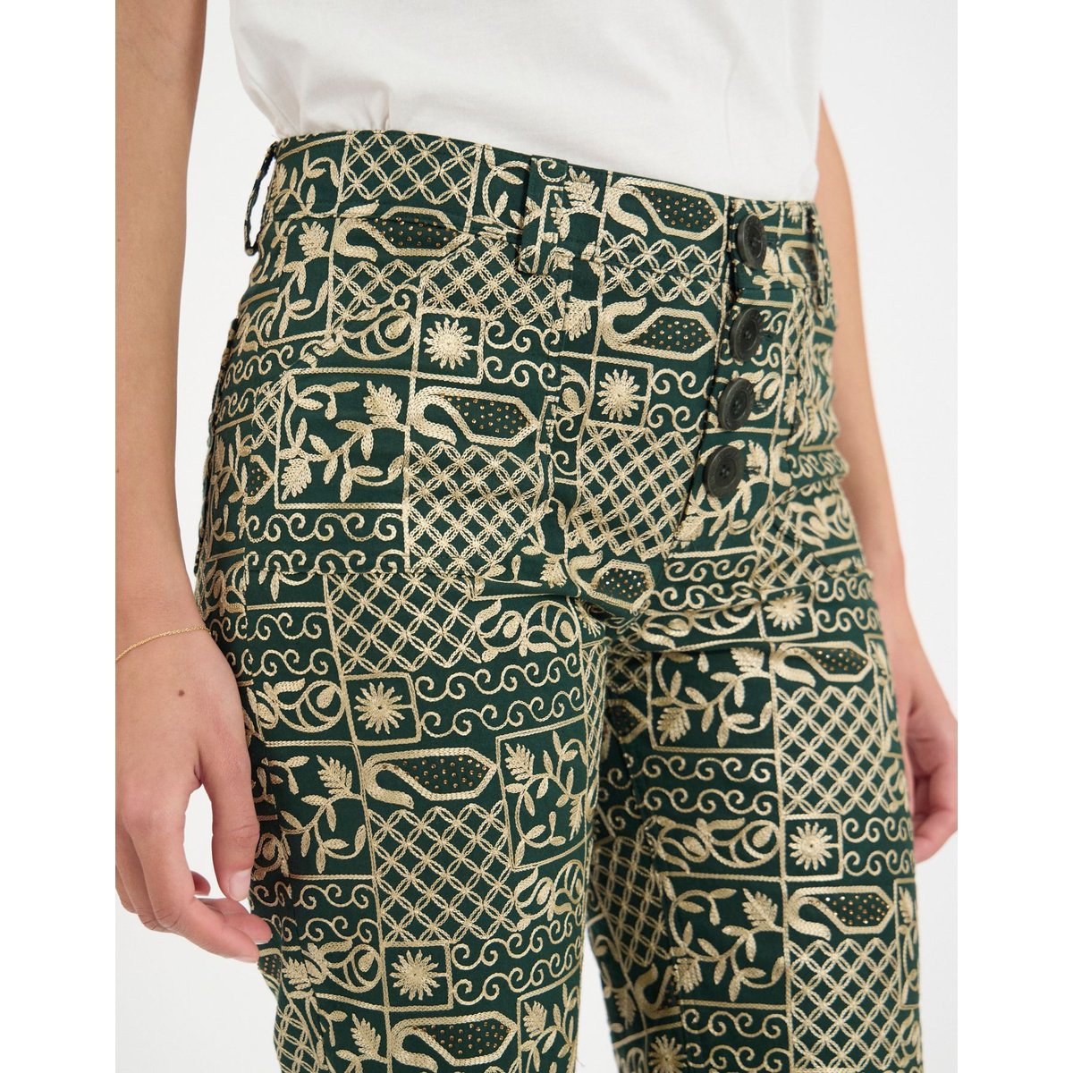 Pantalon Charlotte en coton brodé vert green, INES DE LA FRESSANGE PARIS
