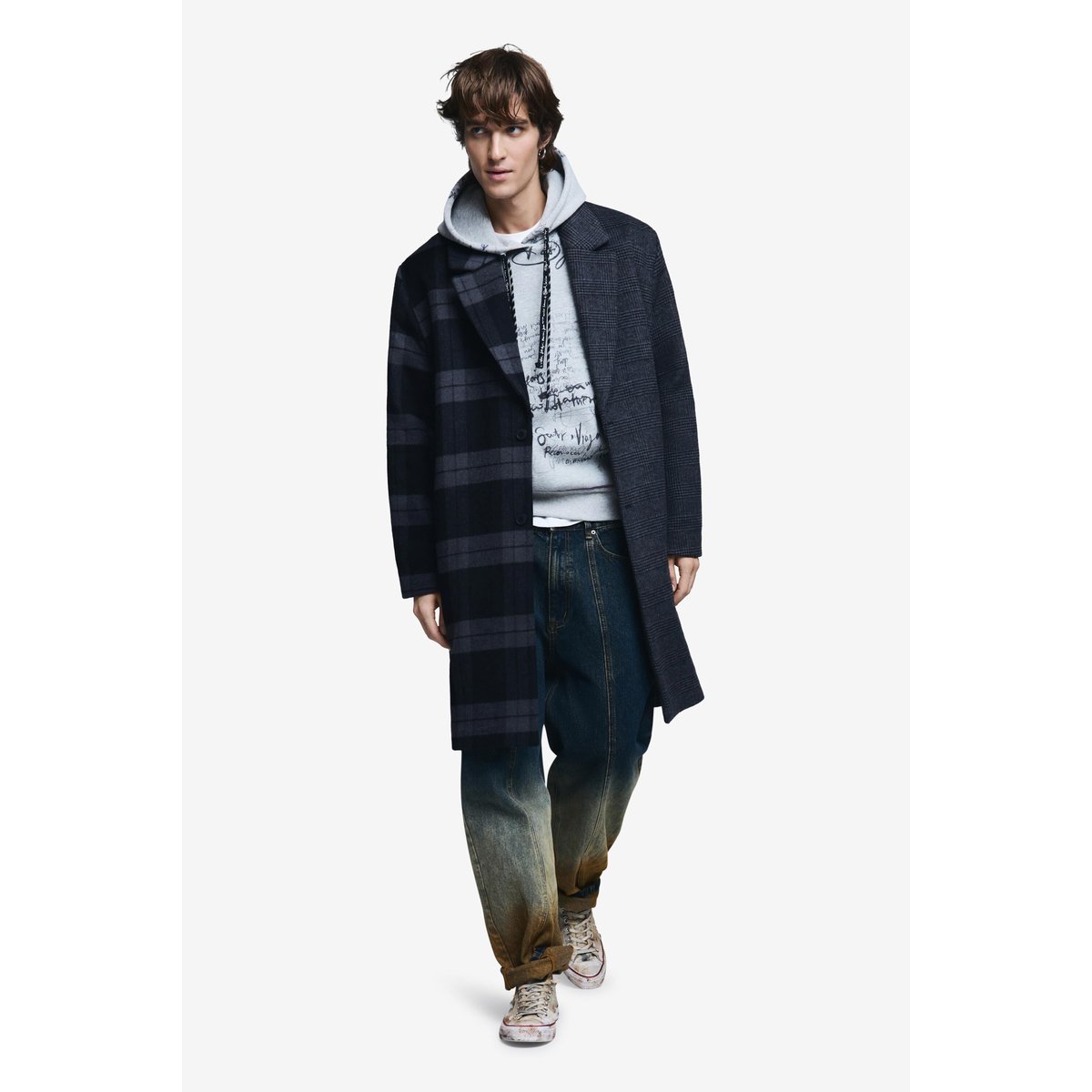 Manteau en laine bimatière à carreaux gris, DESIGUAL