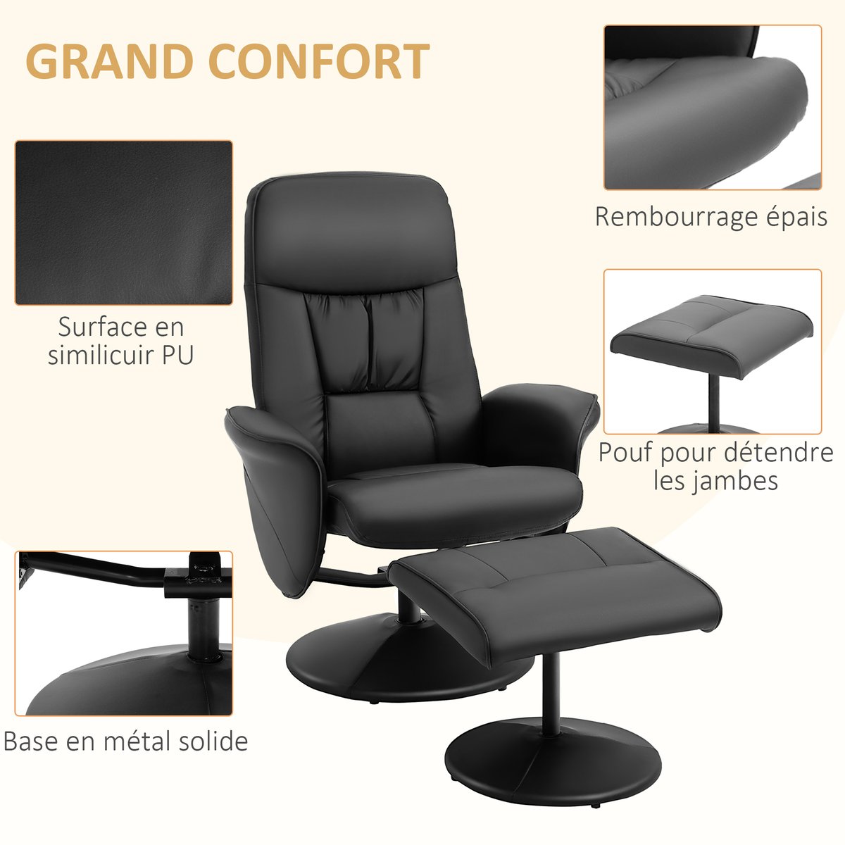 Fauteuil inclinable avec repose-pieds PU Noir noir, HOMCOM