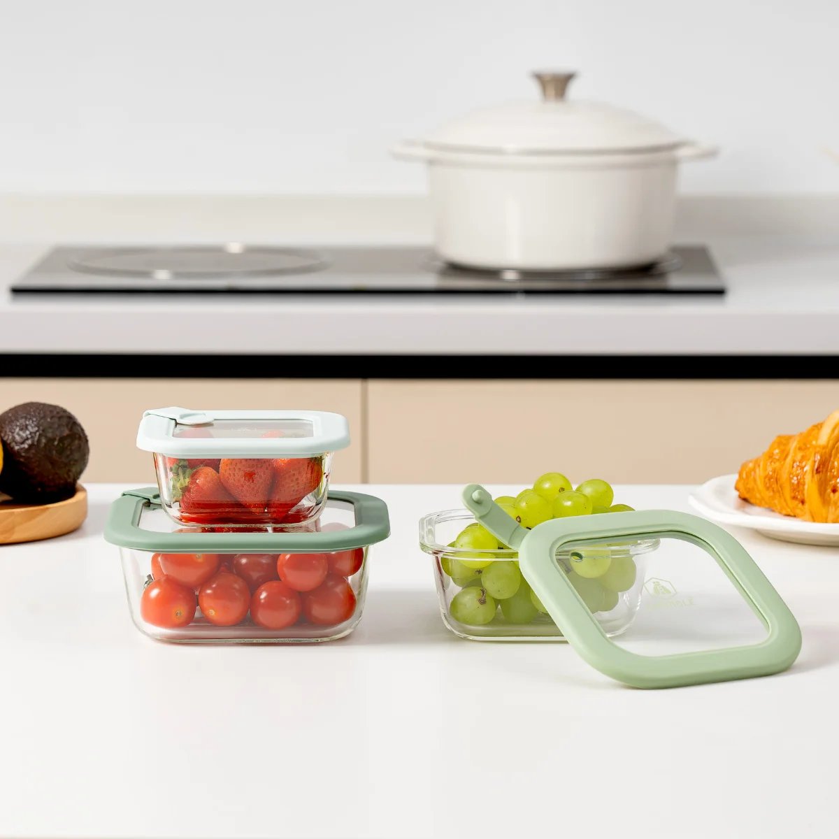 Lot de 3 boîtes en verre rectangulaires avec couvercles (320, 520 et 800 ml) - Pure vert, LAGUIOLE CUISSON