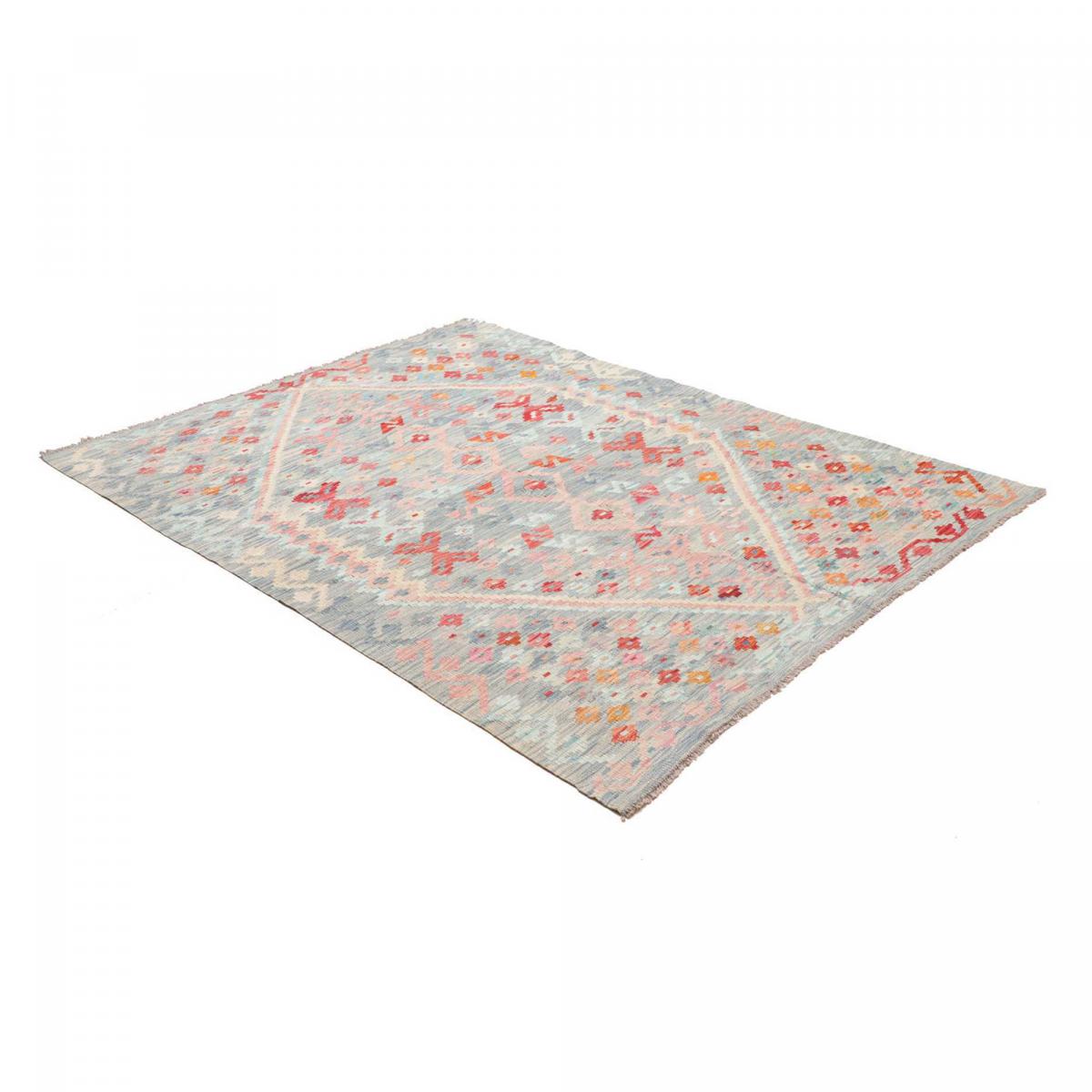 Tapis kilim, motif ethnique authentique, tissé plat KILIM 59 bleu, orange, rouge, UN AMOUR DE TAPIS
