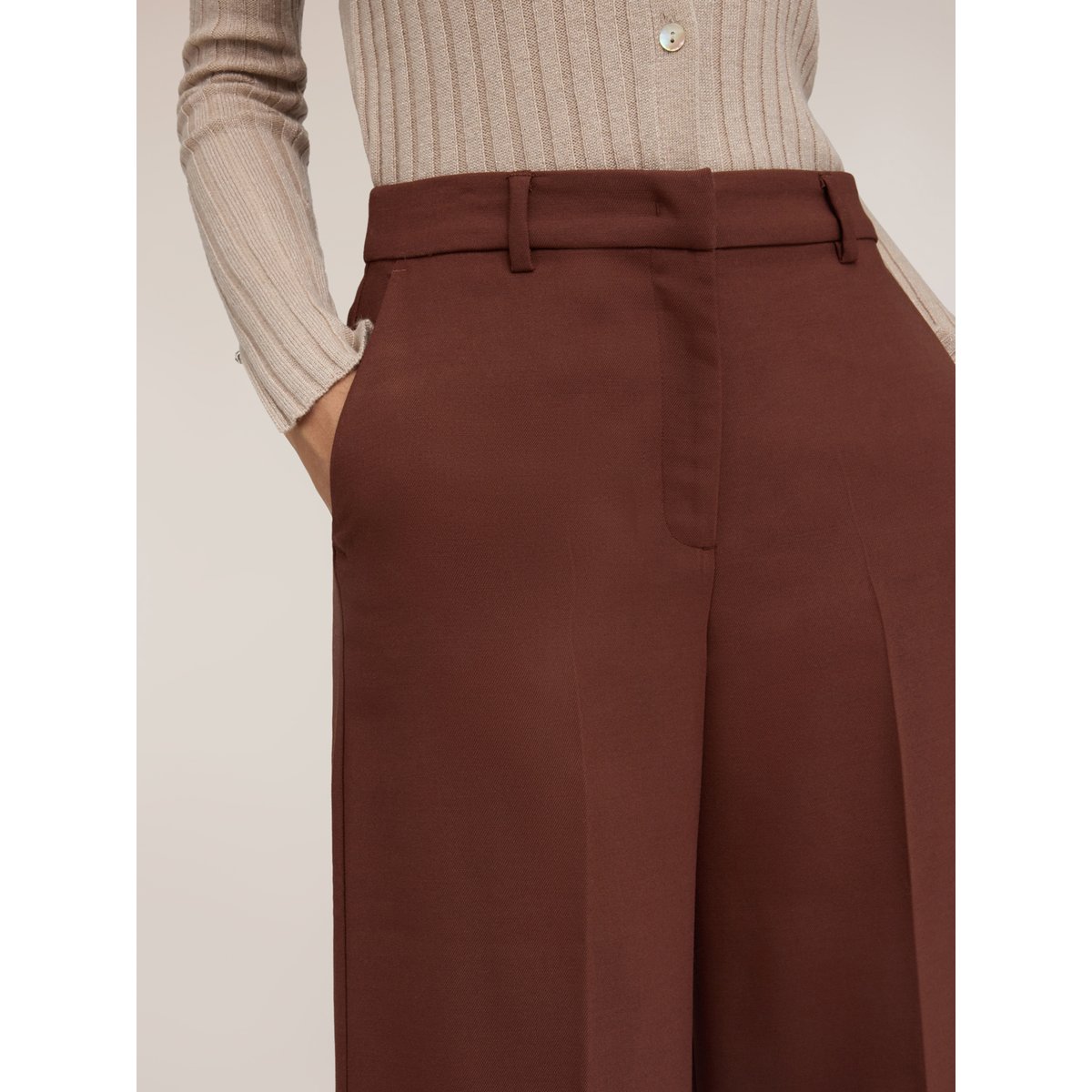 Pantalon palazzo taille haute avec pli marqué marron, MOTIVI