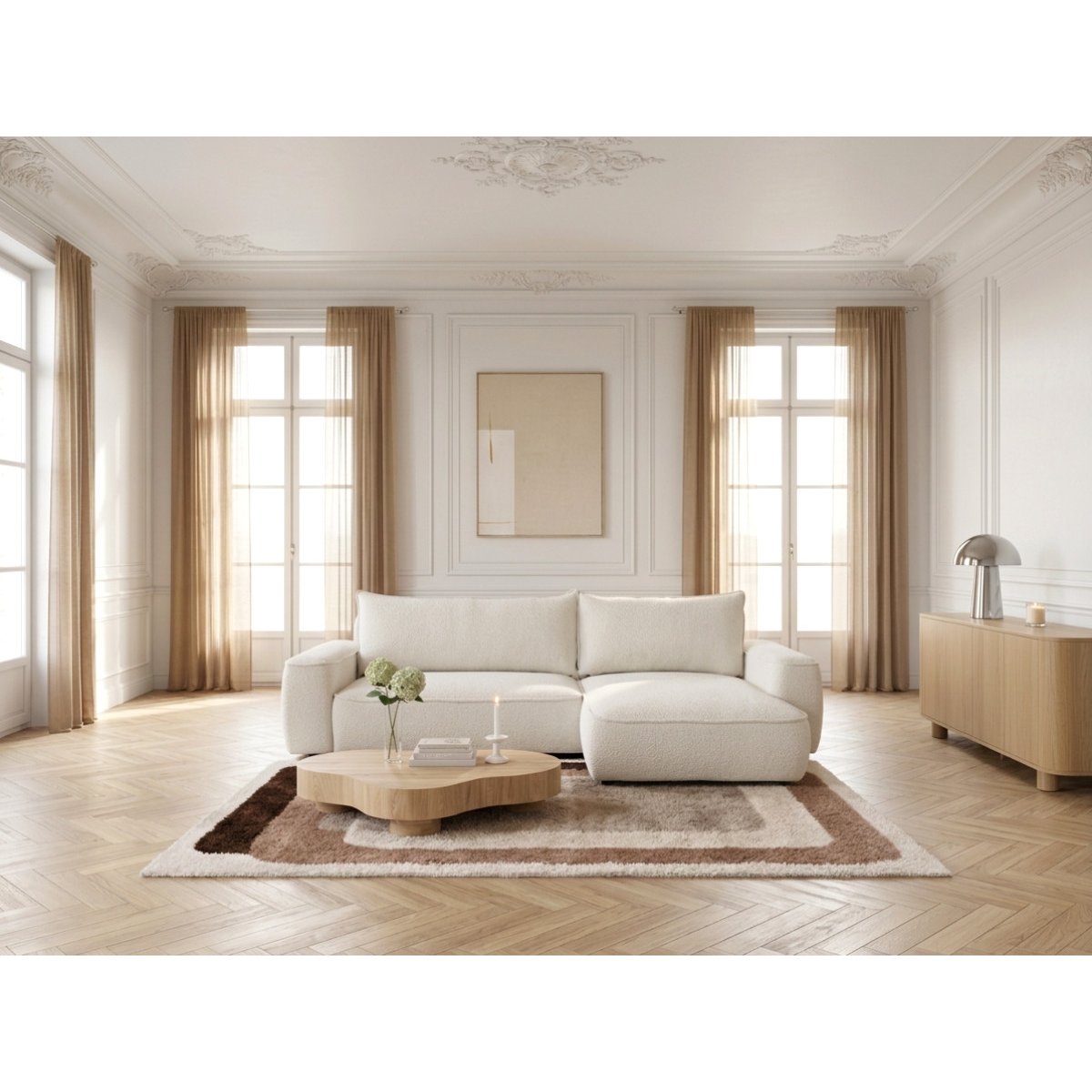 Canapé d'angle convertible 3 places en tissu chenille, HONORE blanc, BOBOCHIC