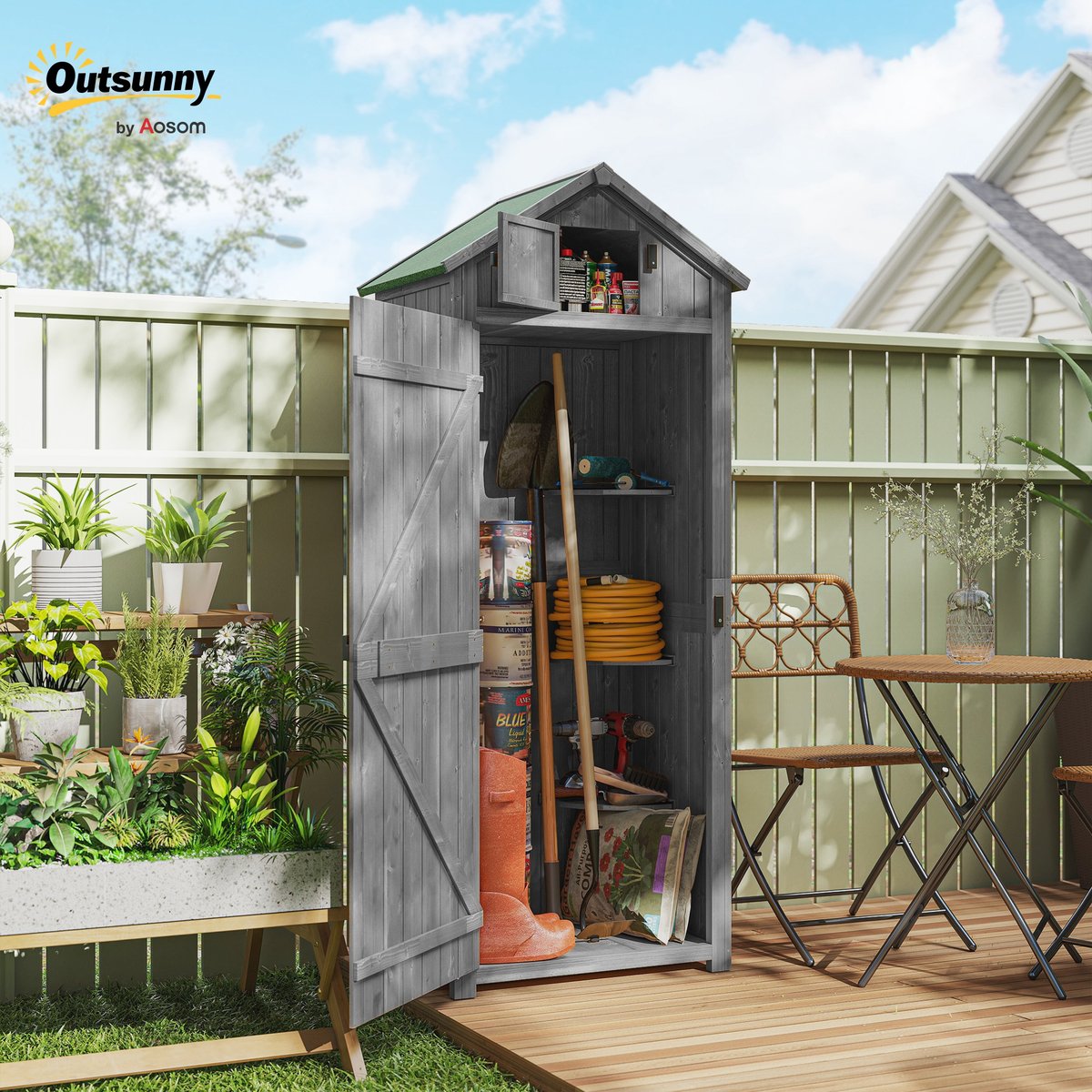 Abri de jardin Bois Bleu clair gris, OUTSUNNY