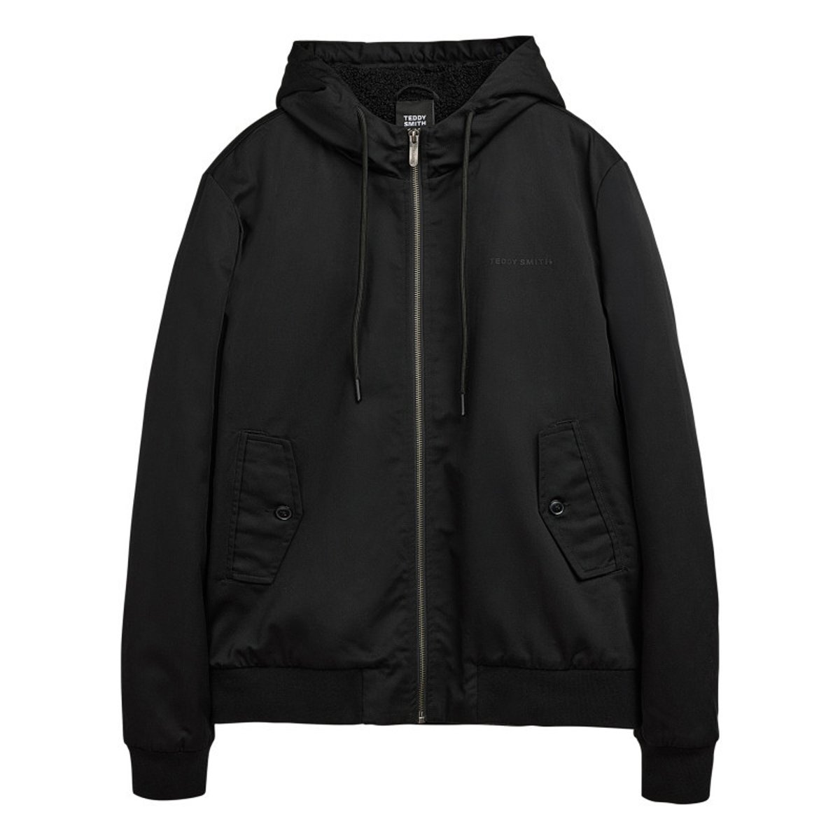 Blouson à capuche noir uni zippé à coupe droite avec le nom de la marque noir, TEDDY SMITH