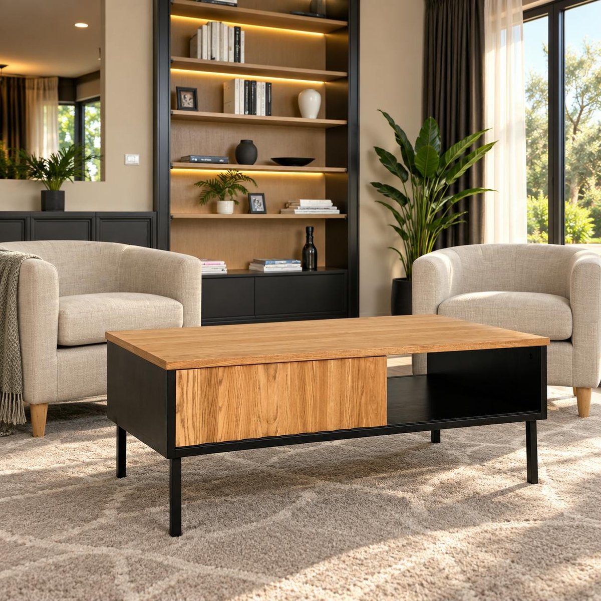 Table basse en bois bicolore avec façade ondulée TARAN bois naturel, PIER IMPORT