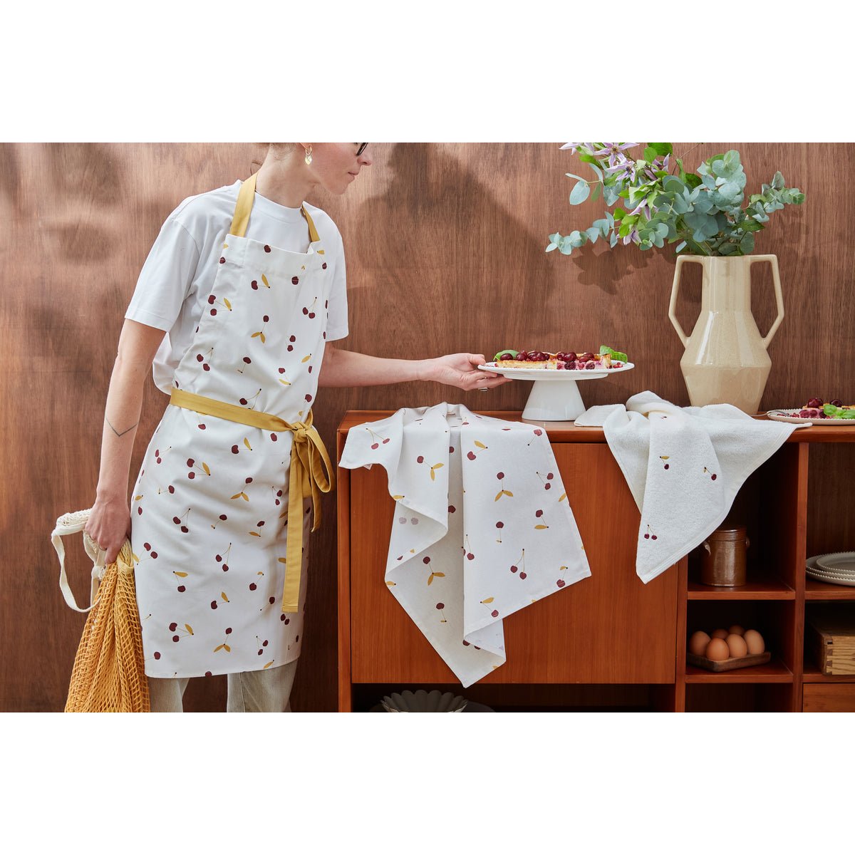Torchon imprimé en coton LES CERISES blanc, COUCKE
