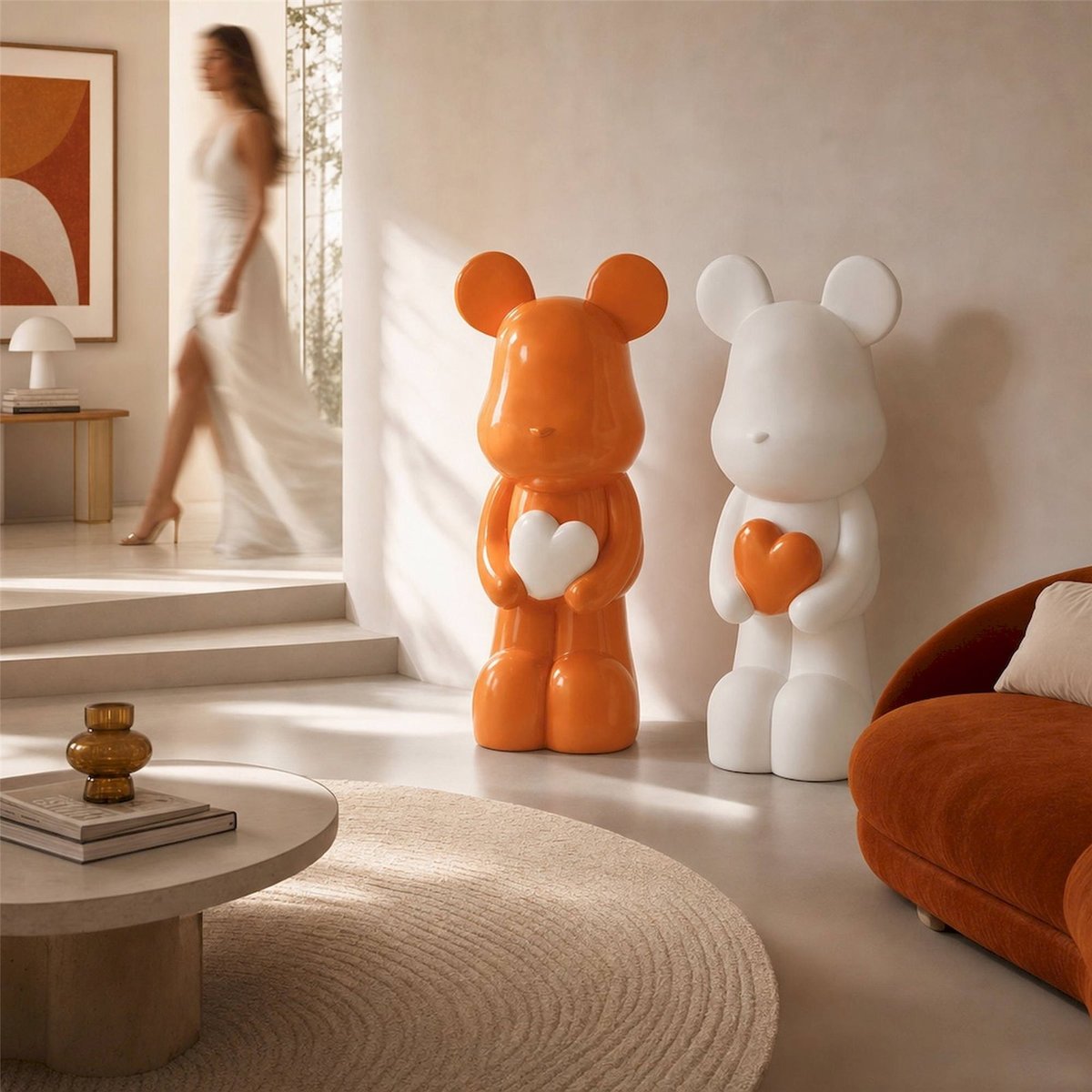 Figurines ours cœur en résine, Lot de 2 blanc et orange foncé, RECOLLECTION