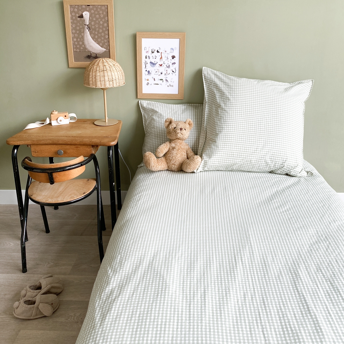 Parure de couette 1 personne coton bio OLIVE vert, LITTLE CREVETTE
