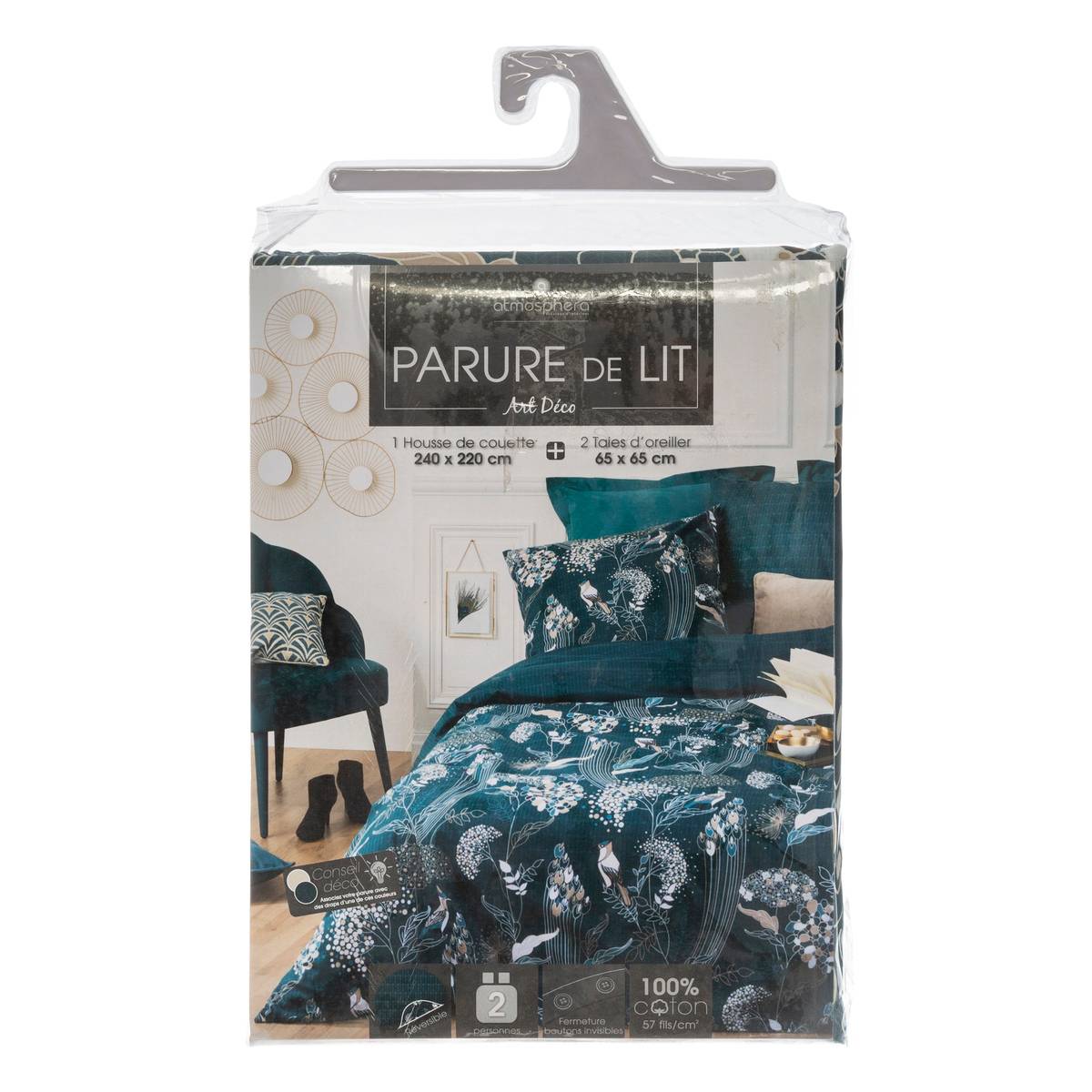 Parure de lit ART DÉCO PAON bleu, ATMOSPHERA