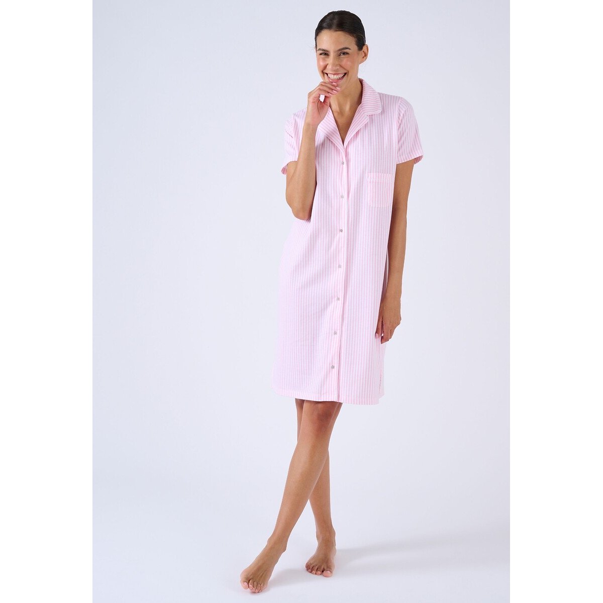Camicia da notte in cotone a maniche corte rosa rigato, DAMART