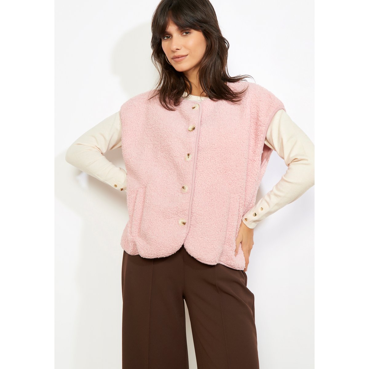 Gilet ample bouclette rose clair, LOLALIZA