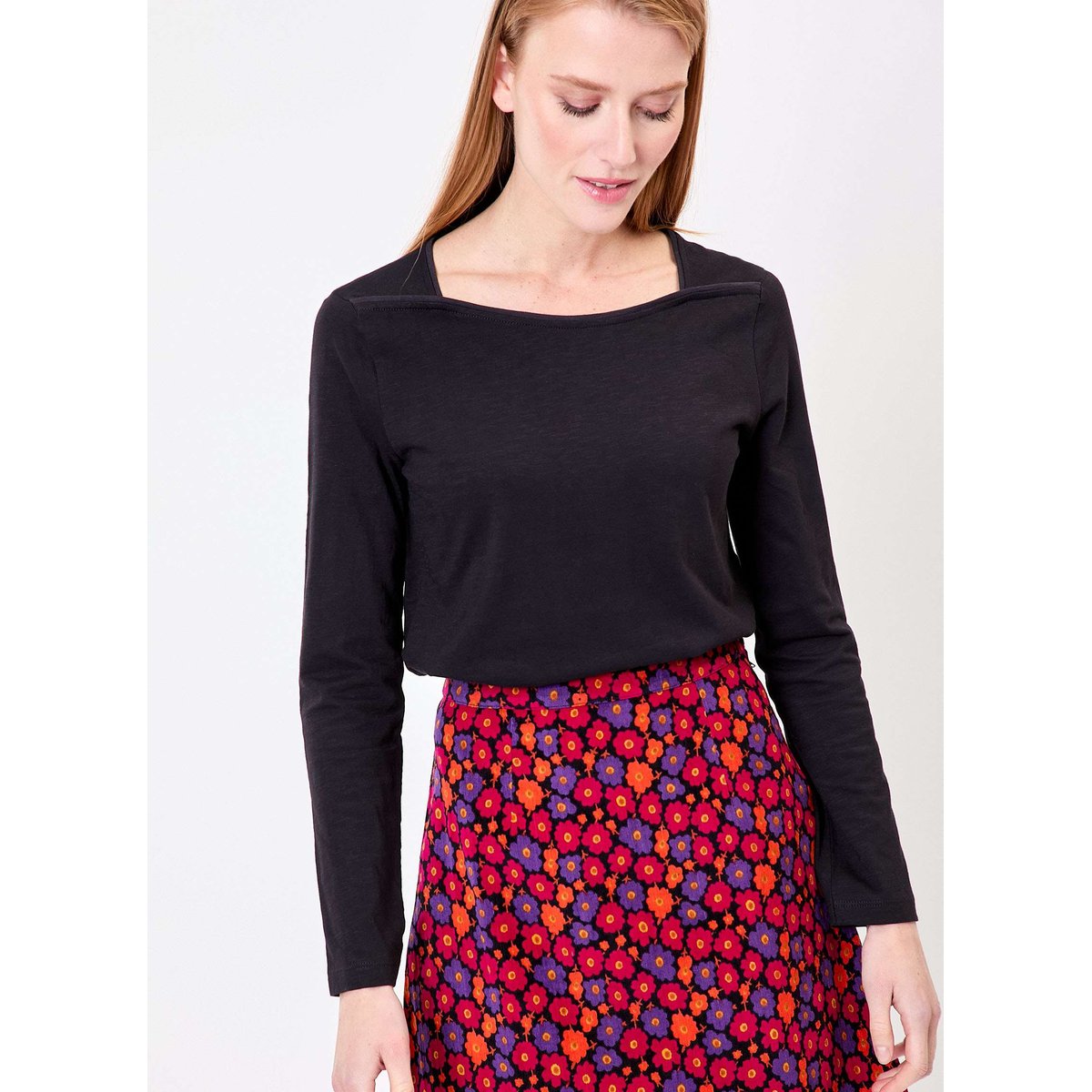 T-shirt uni coton bio col bateau GONDA noir, LA FIANCÉE