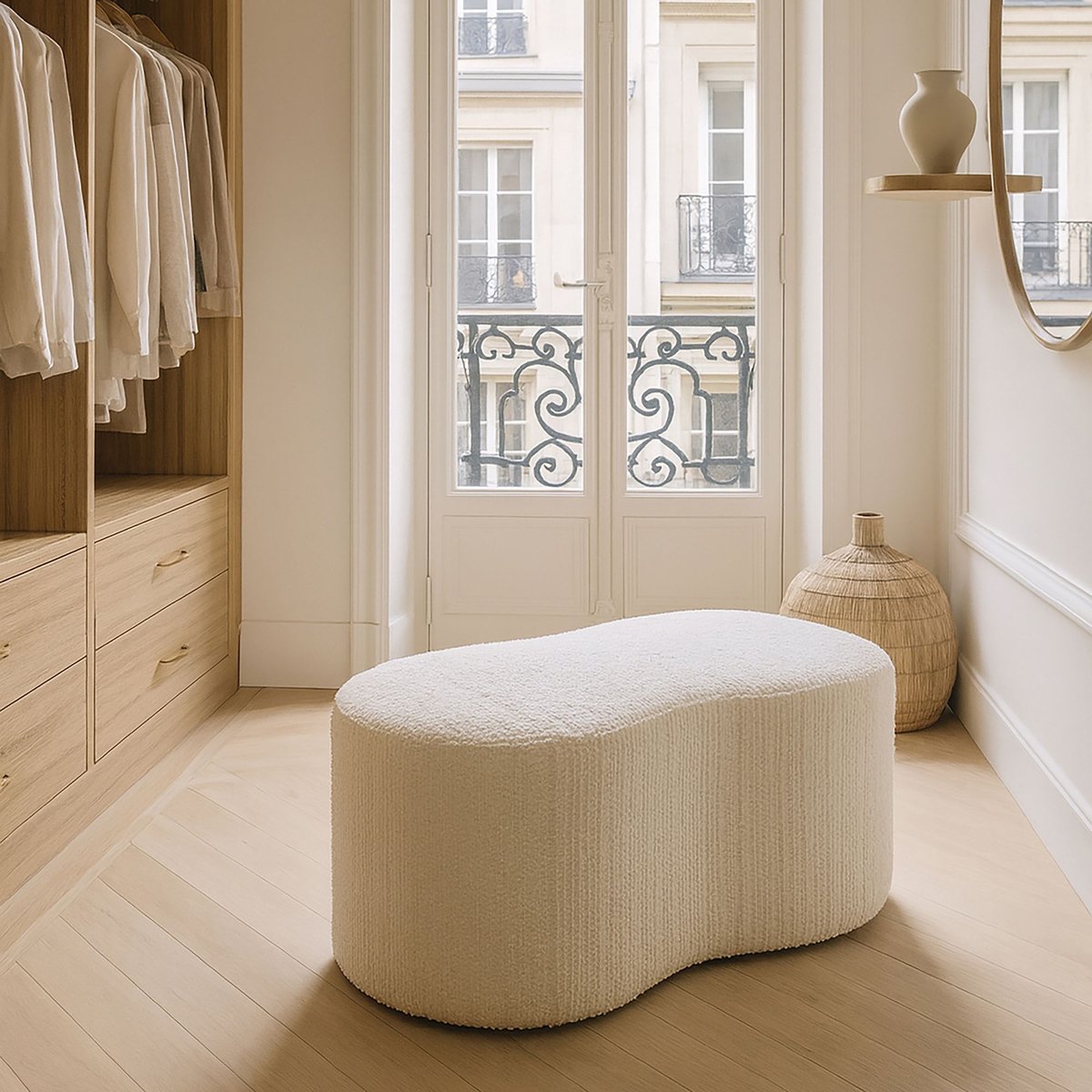 Banc en bouclette et structure en bois, MALO ecru, NOW'S HOME