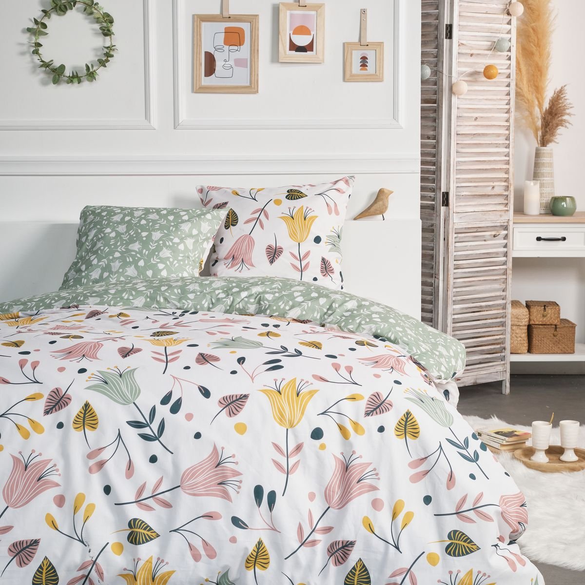 Parure de lit imprimé Floral coton FLANELLE blanc, TODAY