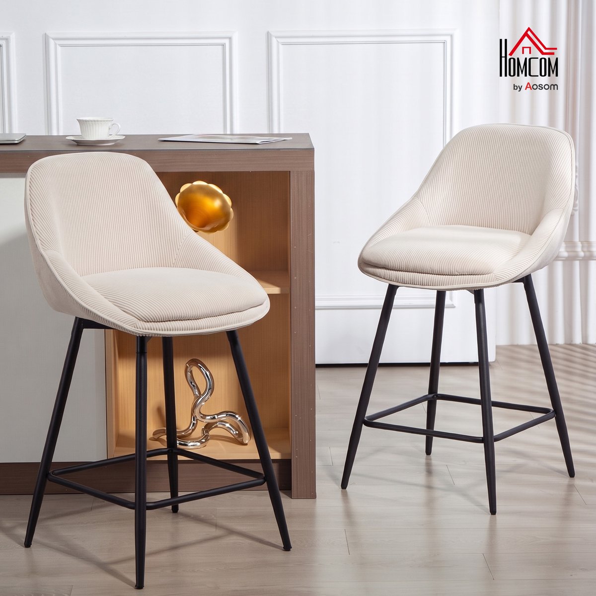 Tabouret de bar Velours côtelé Crème crème, HOMCOM