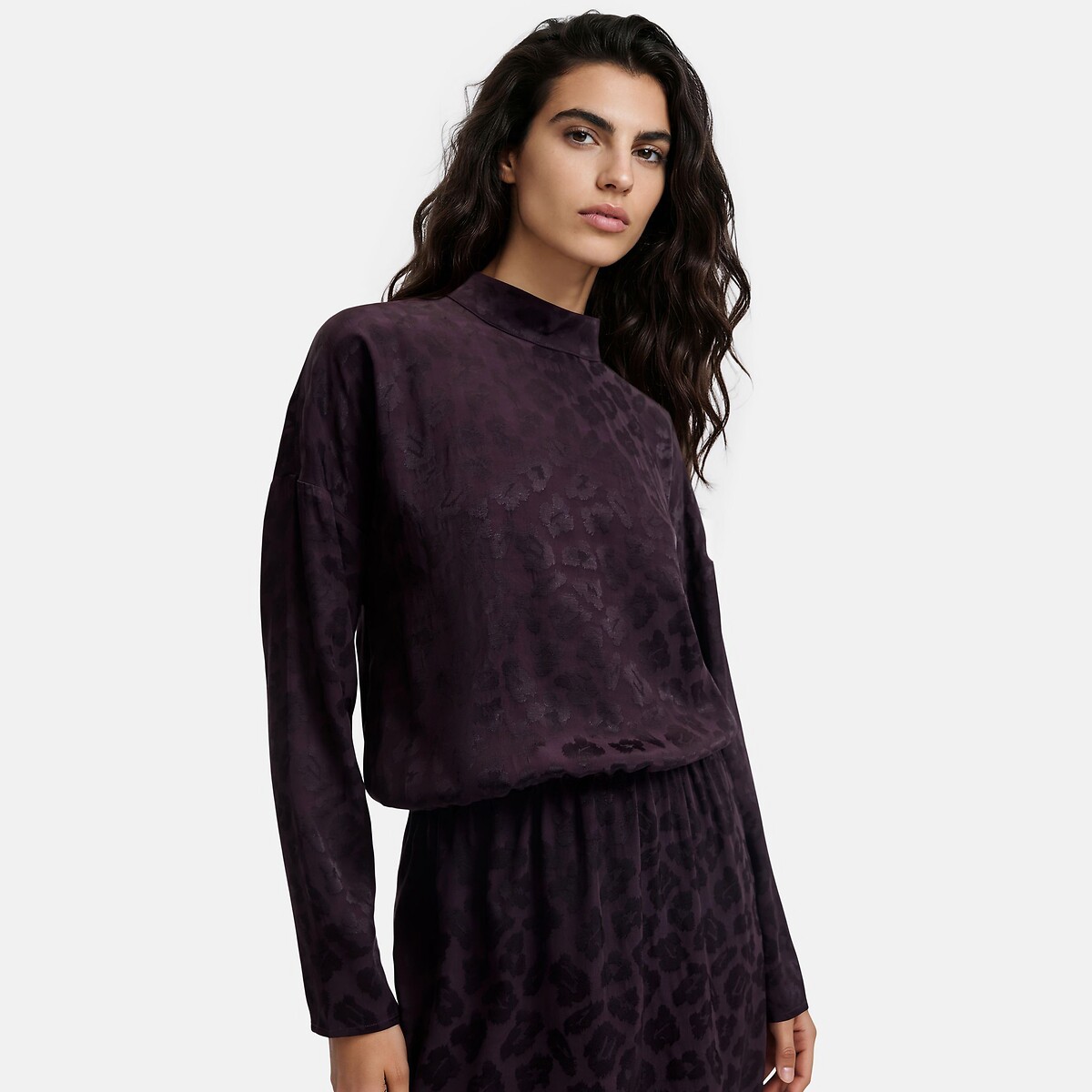 Robe courte, manches longues, en satin jacquard motif léopard violet aubergine, LA REDOUTE COLLECTIONS