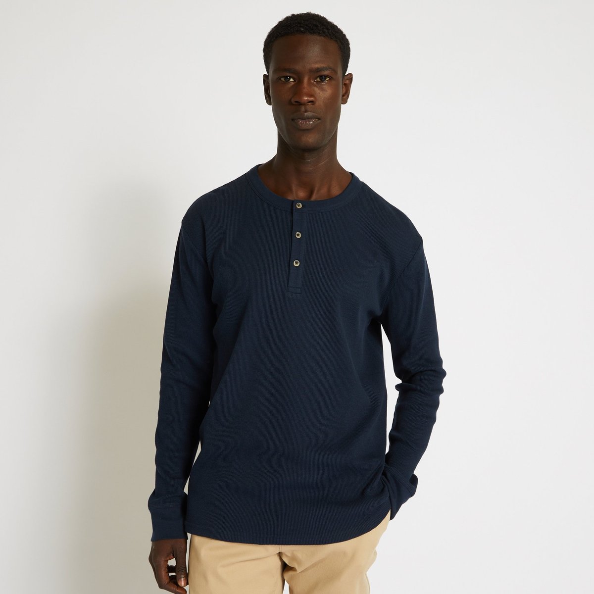 Tee-shirt manches longues col tunisien en coton BIO marine, MONOPRIX