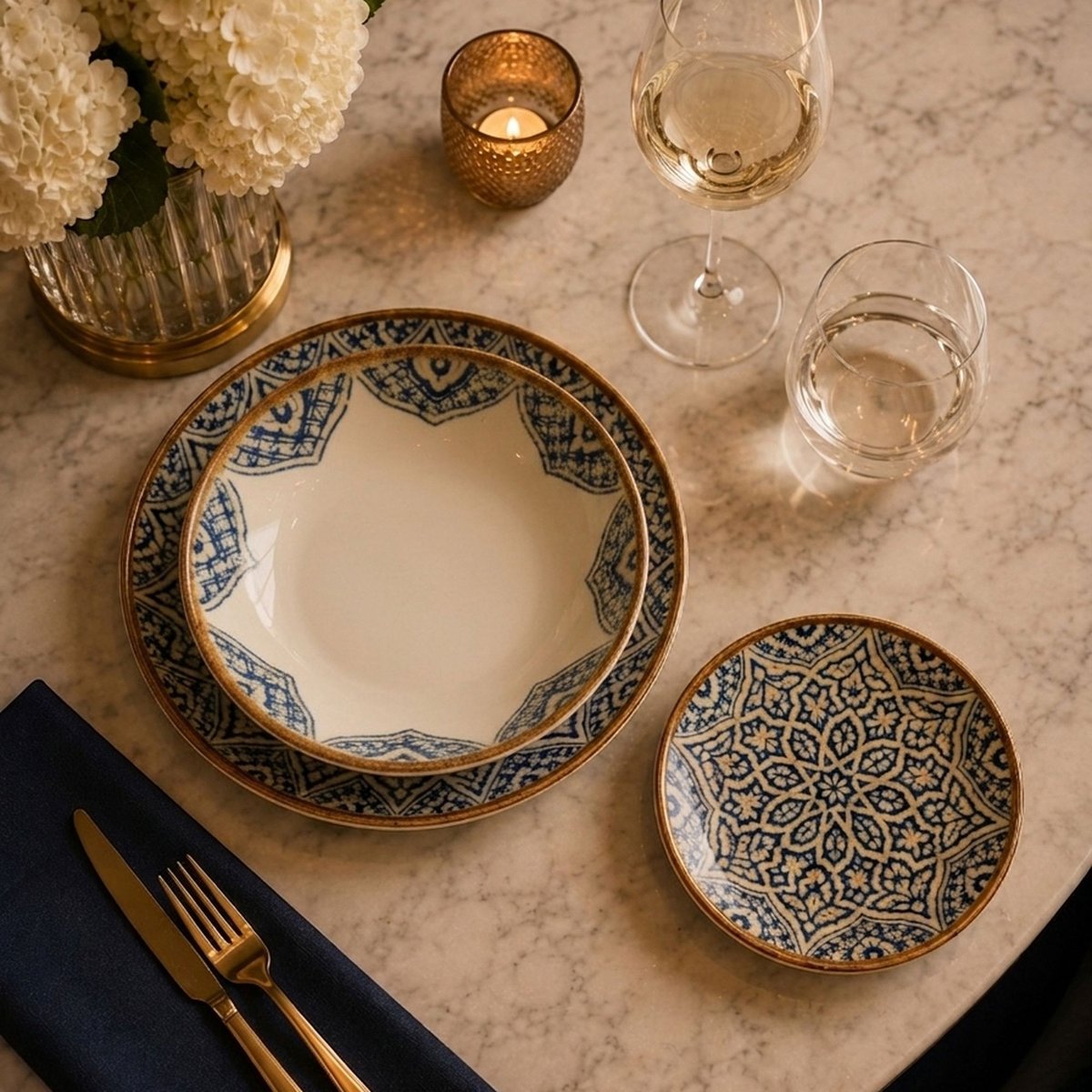 Lot de 6 assiettes plates 27cm en porcelaine, CALYPSO bleu, OGO LIVING