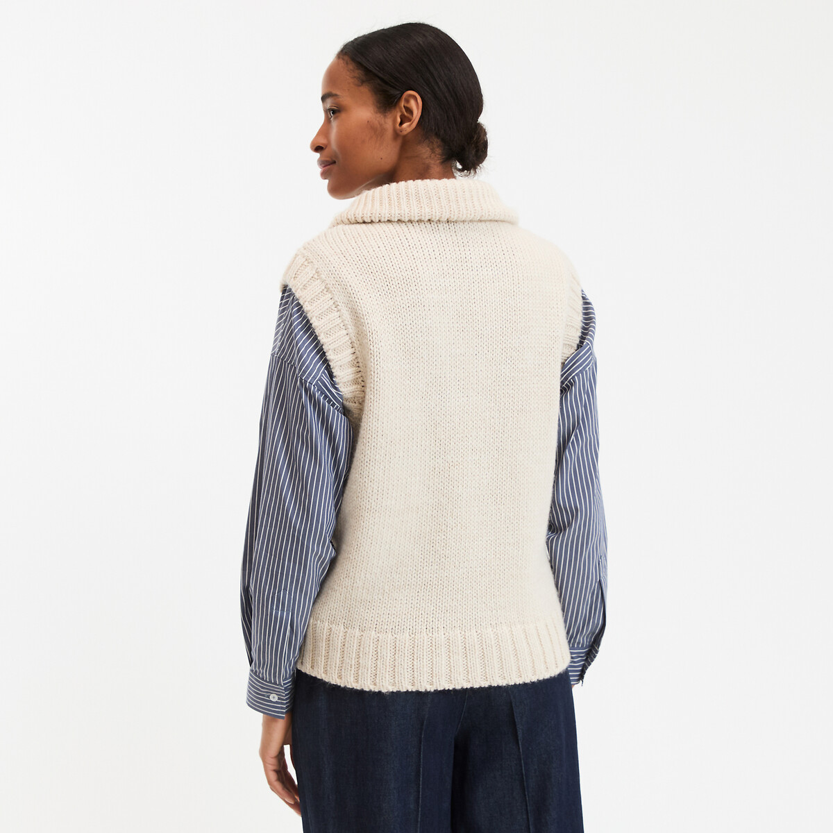 Sleeveless Trucker Collar Jumper in Chunky Knit ecru , LA REDOUTE COLLECTIONS