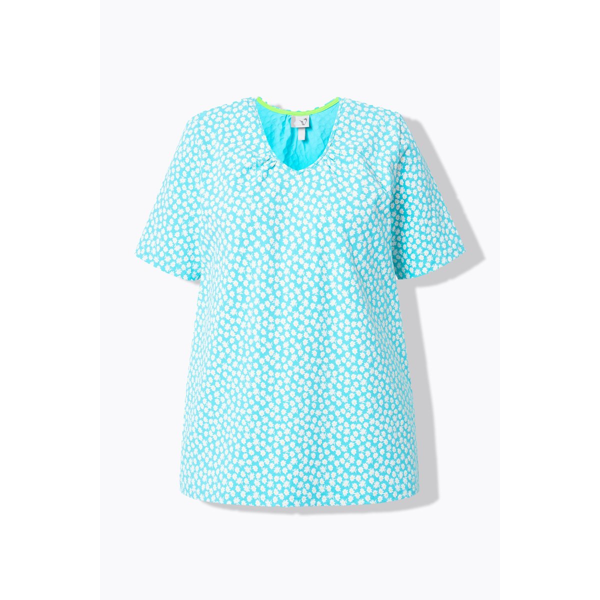 T-shirt à plis fantaisie. Col V et manches aqua foncé, ULLA POPKEN