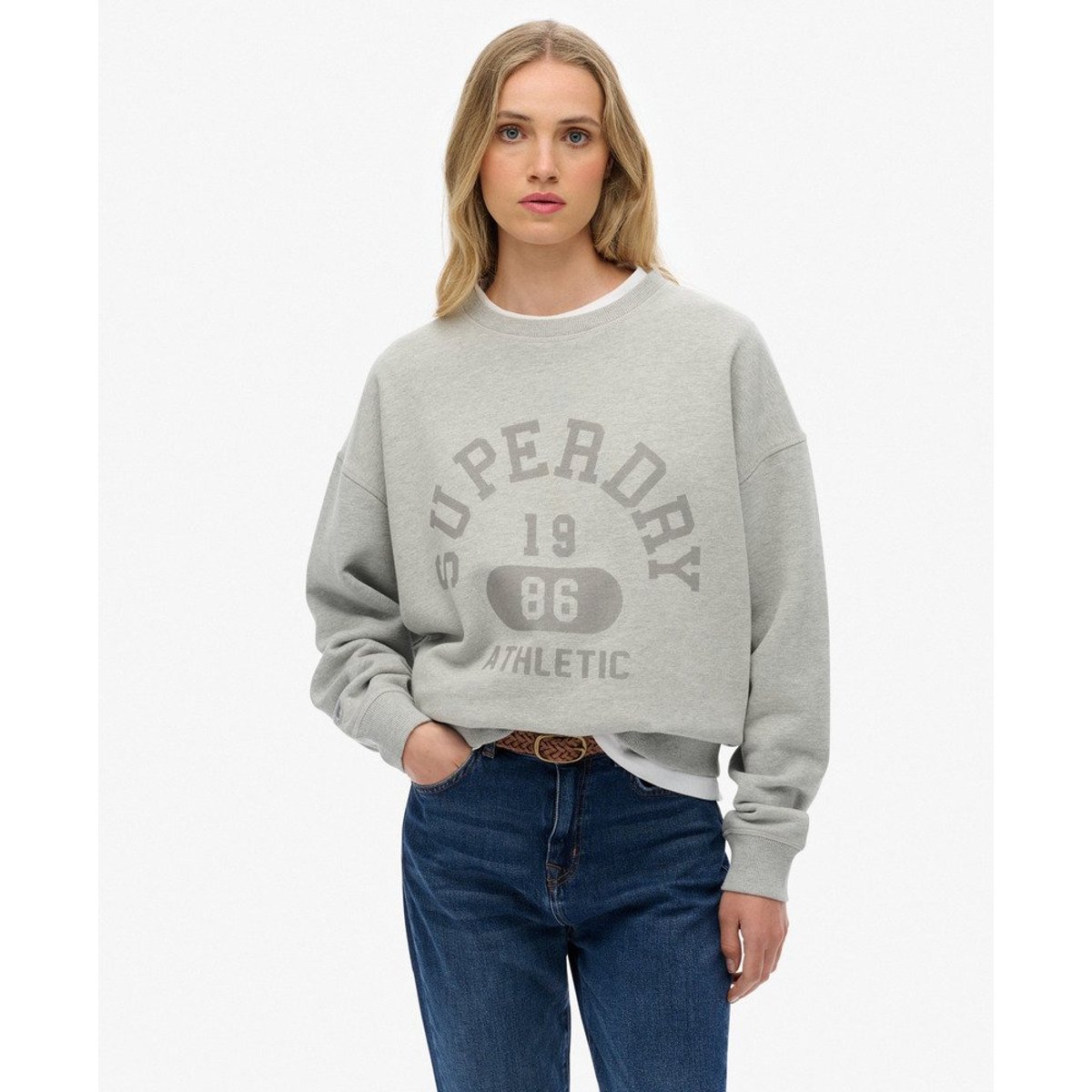 Athletic Essentials Sweat-shirt Ample Col Rond gris chiné, SUPERDRY