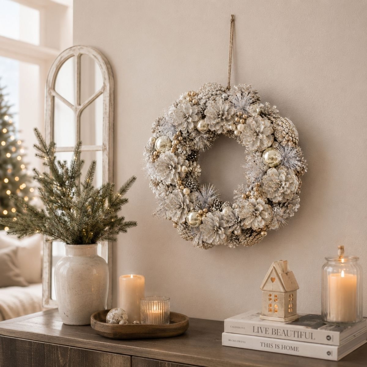 Couronne de Noël avec pommes de pin Hanley blanc, MICA DECORATIONS