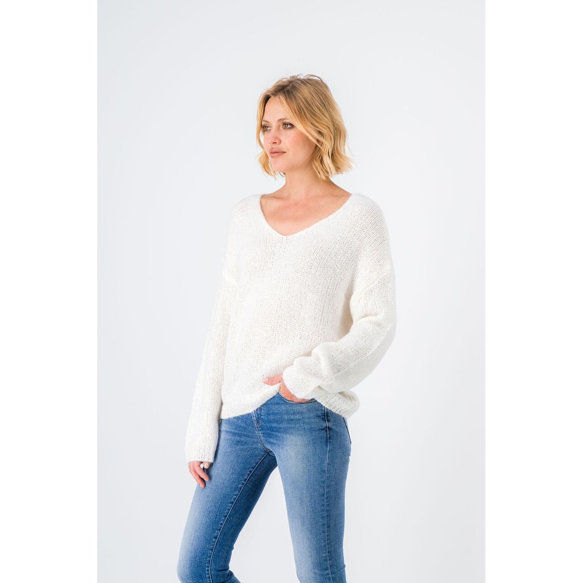 Pull col v laine mohair blanc, TEDDY SMITH