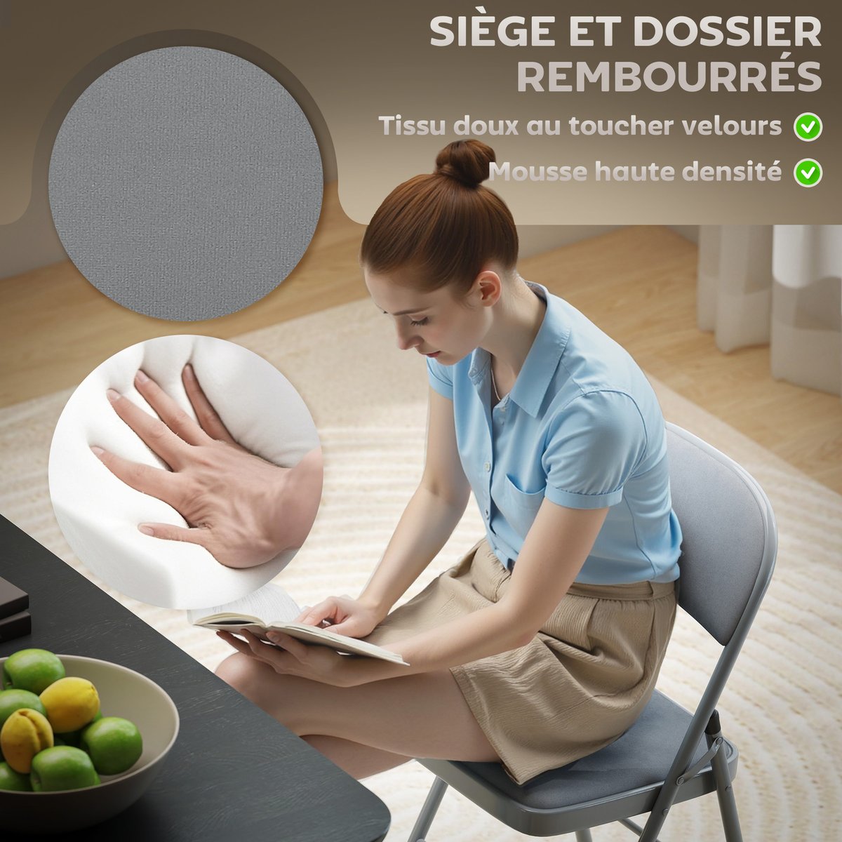 Chaise pliante Velours (100 % polyester) Gris gris clair, HOMCOM
