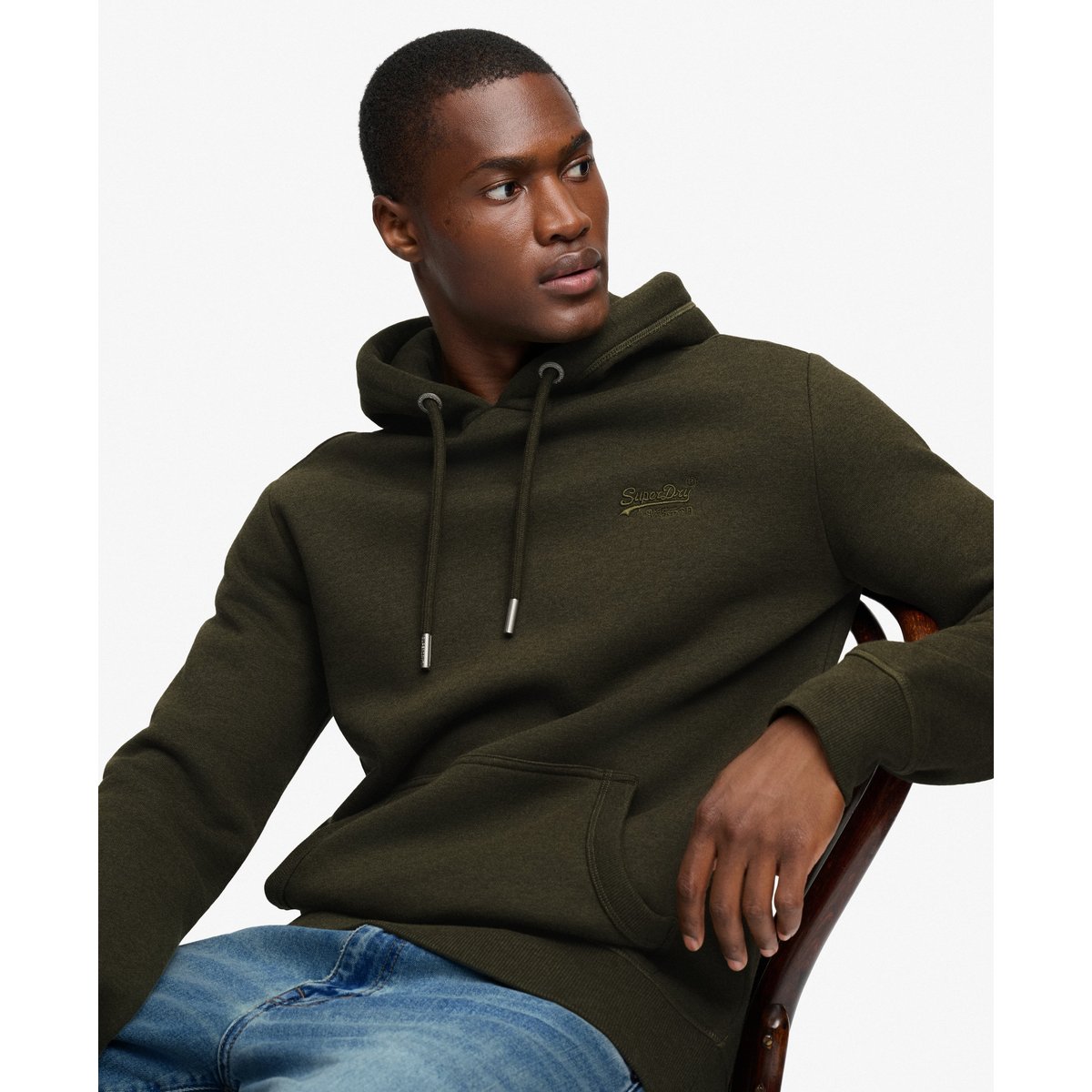 Sweat à capuche Logo Vintage Brodé vert olive chiné, SUPERDRY
