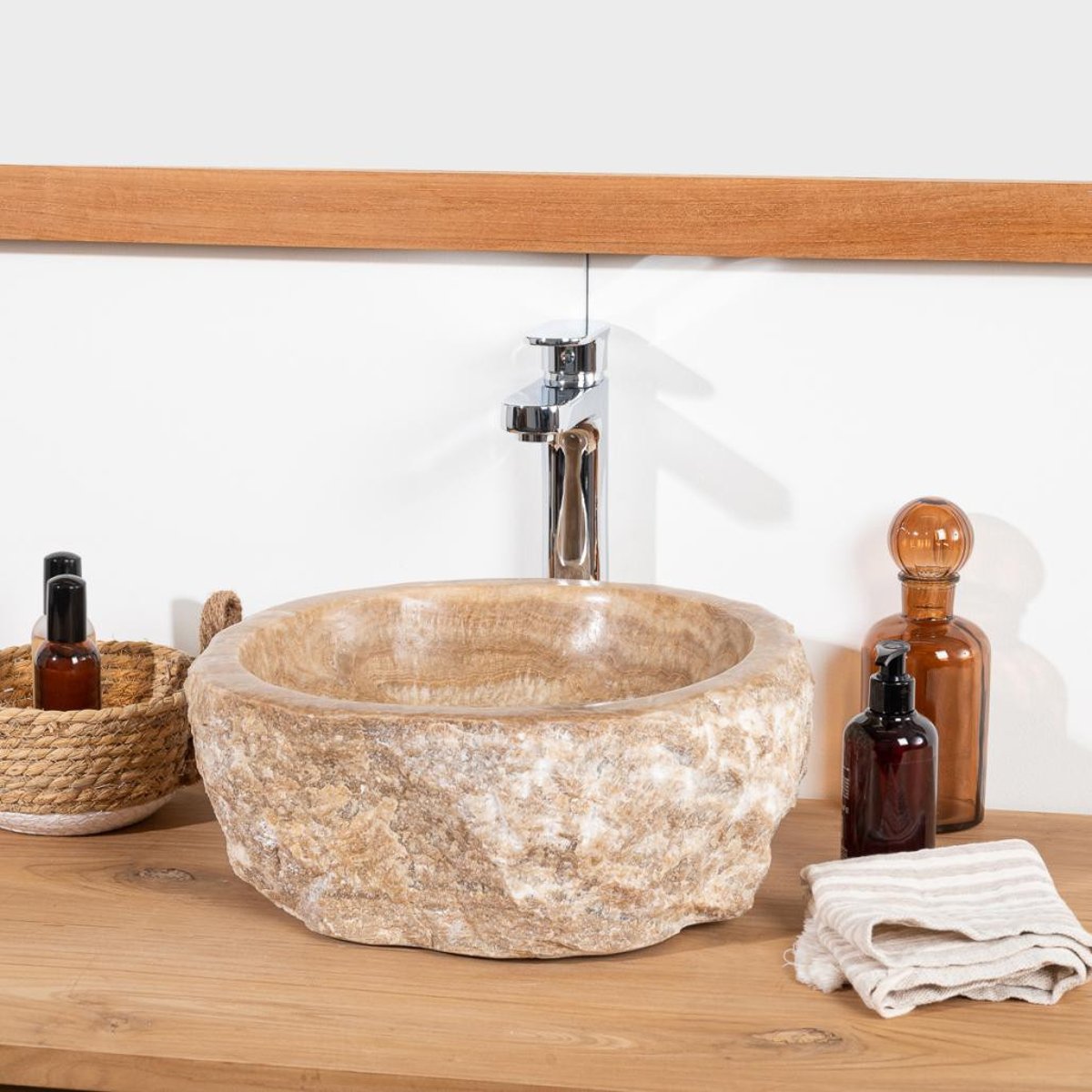 Vasque à poser de en pierre Onyx ronde 30-35cm crème, WANDA COLLECTION