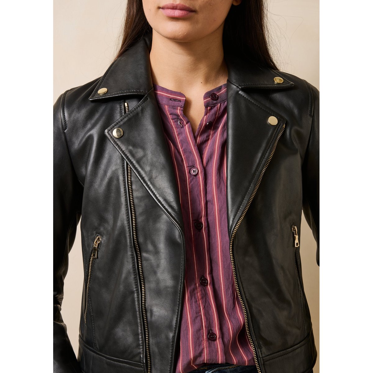 Blouson court en cuir esprit motard noir, LA FEE MARABOUTEE