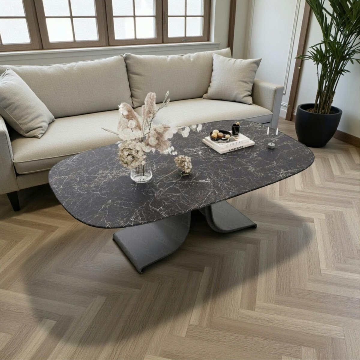 Table basse céramique grise marbrée pied ouvert LIGURIE anthracite, PIER IMPORT
