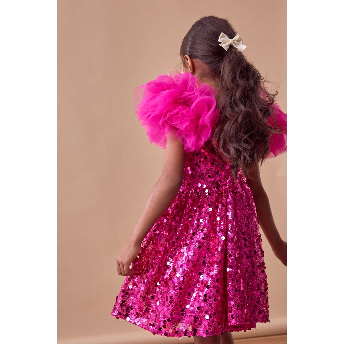 Robe de soirée à sequins manches bouffantes rose, NEXT