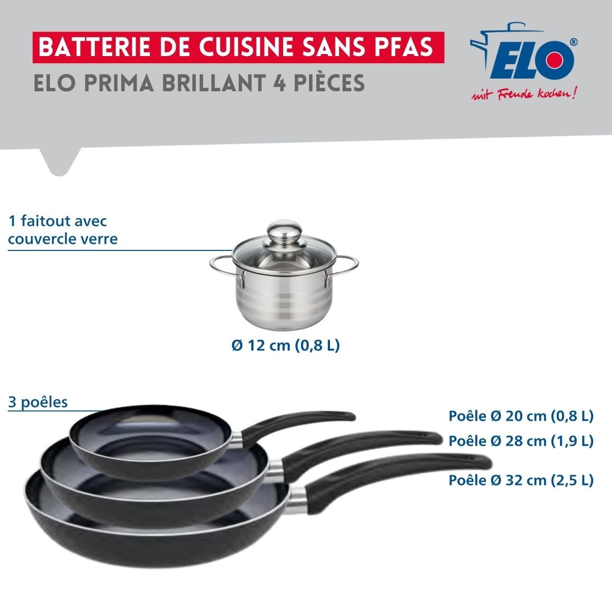 Batterie 3 poêles 20/28/32cm + 1 faitout 12cm PRIMA BRILLANT noir, ELO