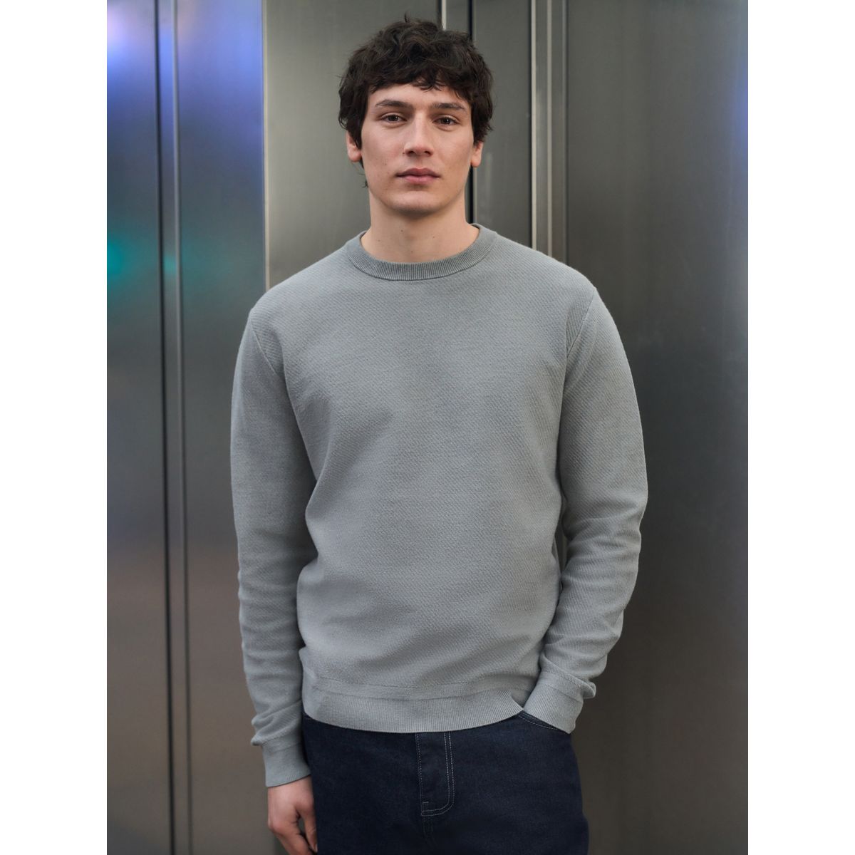 Pull standard ras du cou texturé/semi-épais gris, NEXT