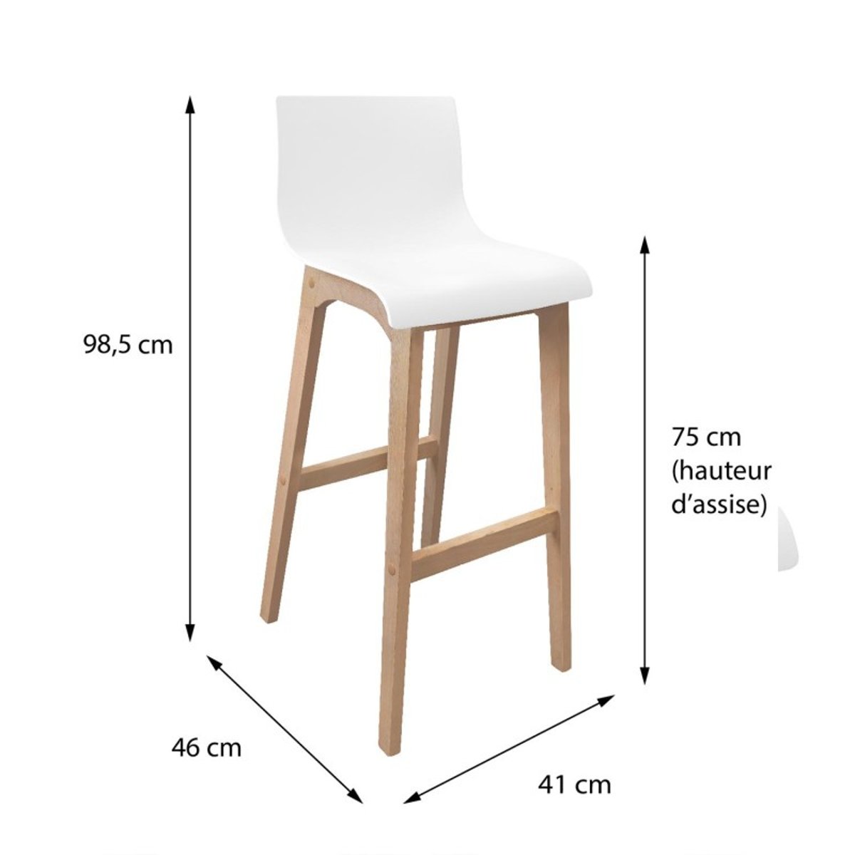 Lot de tabourets de bar en chêne et assise plastique blanche 75cm TANNA|Lot de 8 | Lot de 8 blanc, MOB IN