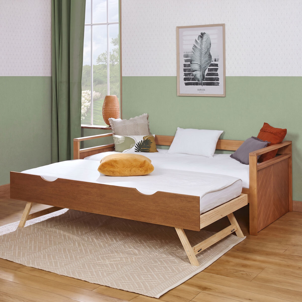 Pack lit banquette gigogne avec matelas Bois massif IVY bois, AKITEN RETAIL