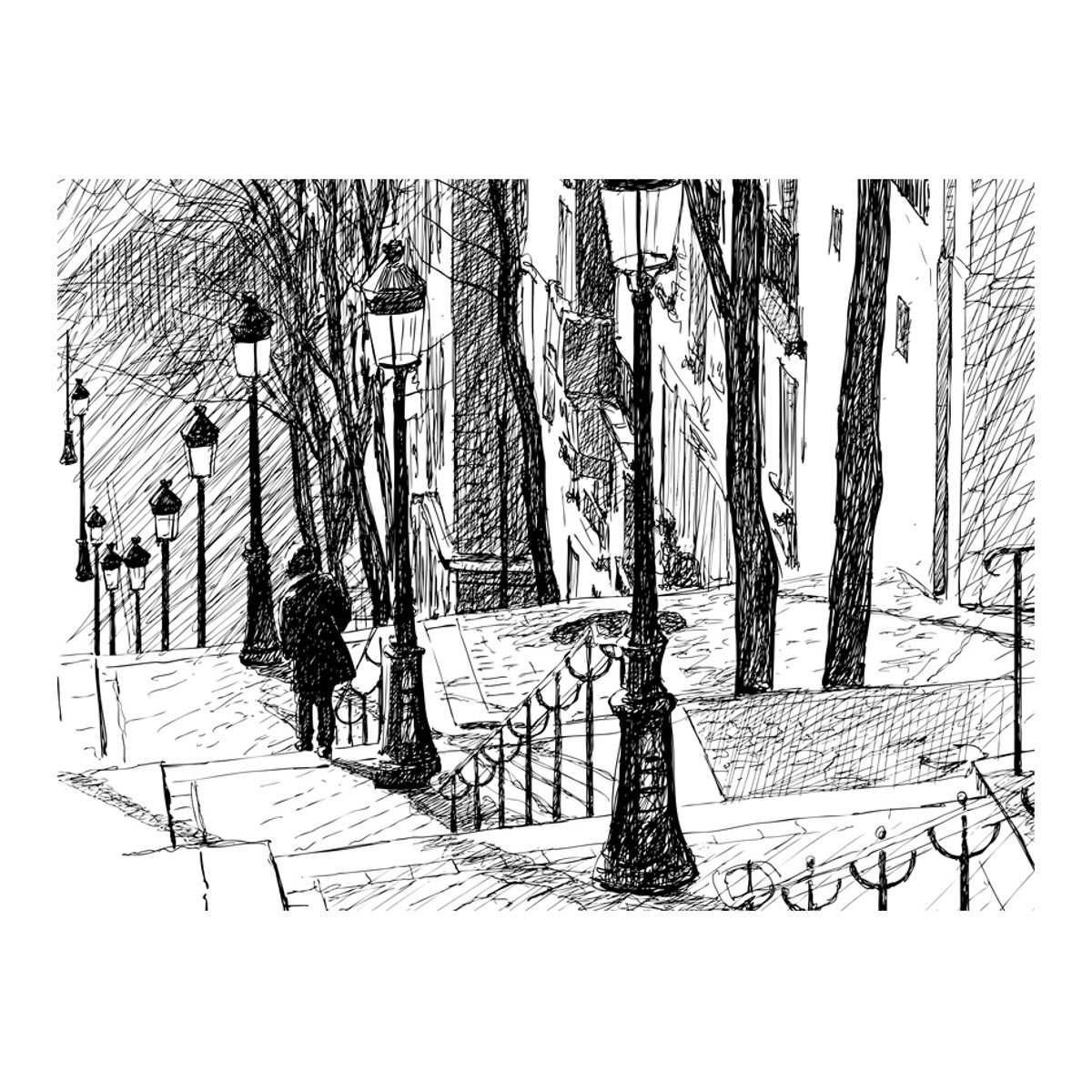 Papier peint intissé panoramique Ville et Architecture escaliers - Montmartre noir, EDEN