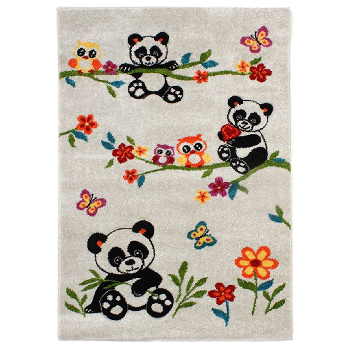 Tapis enfant toucher laineux imprimé pandas FUJI blanc, THE DECO FACTORY