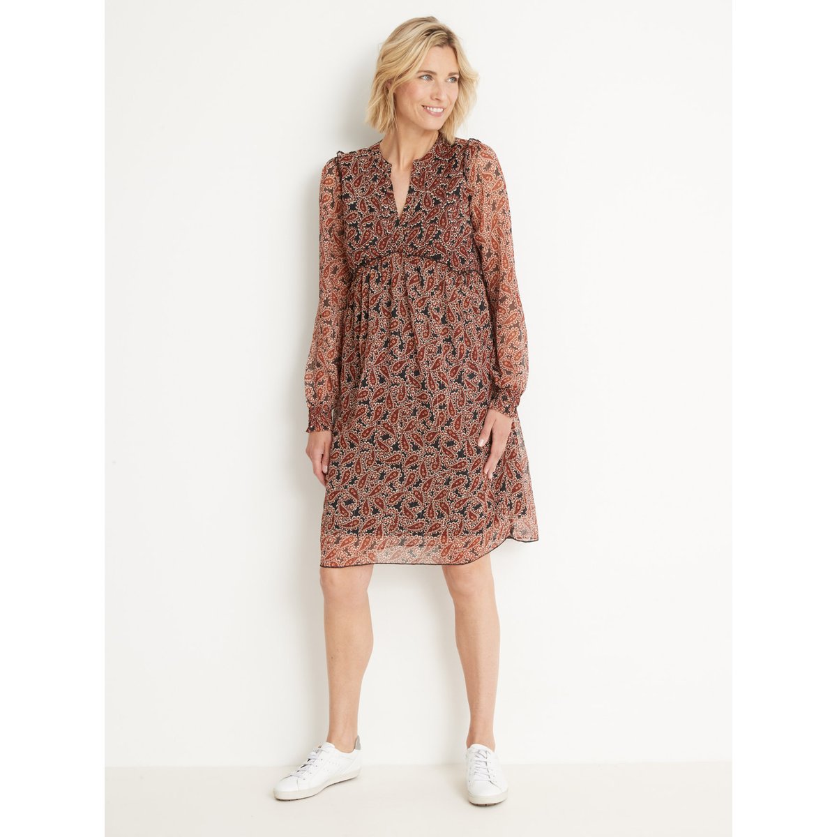 Robe taille haute en voile imprimé chocolat, DAXON