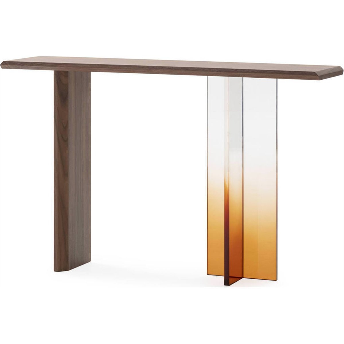 Console en noyer et méthacrylate noyer, transparent et ambre, RECOLLECTION