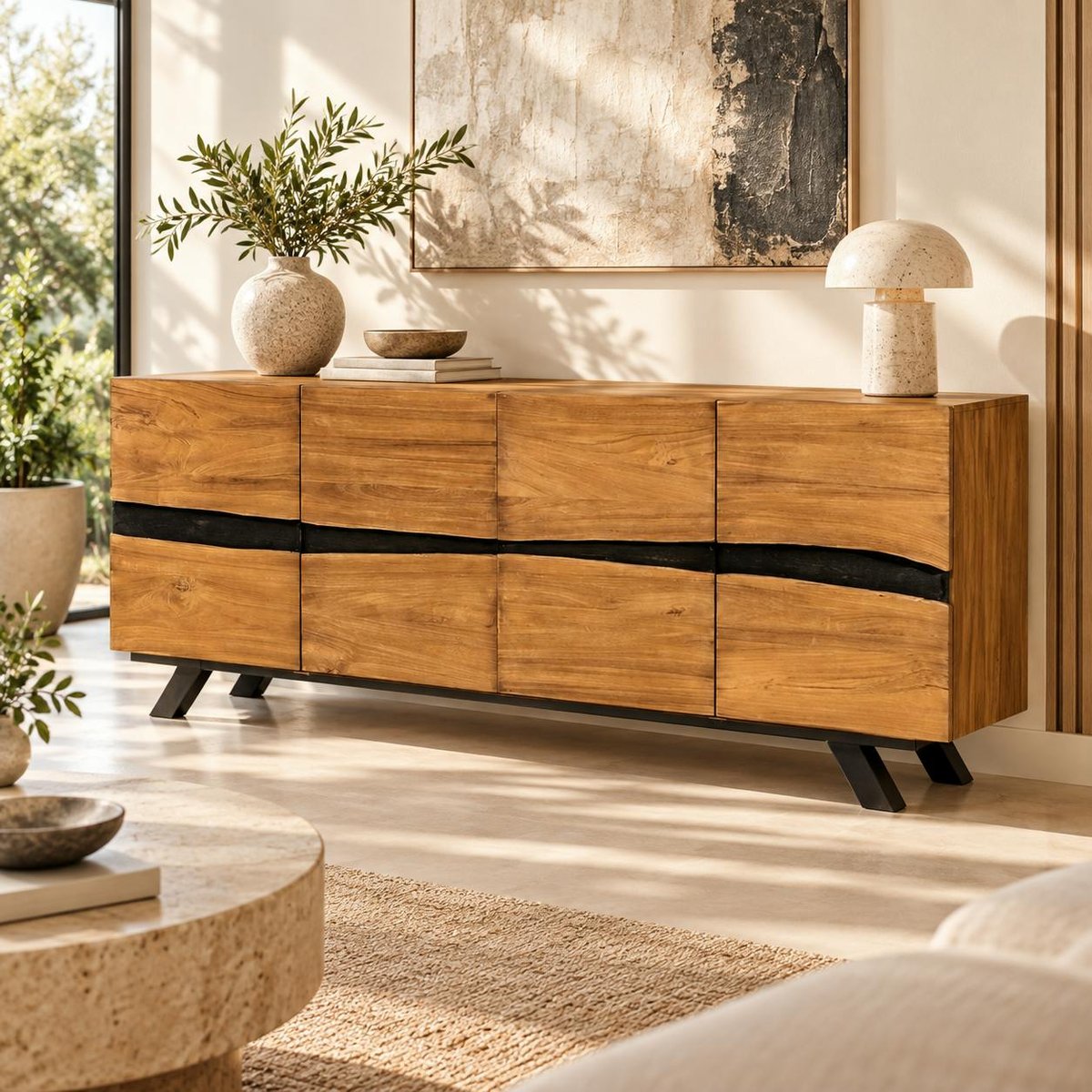 Buffet moderne bois recyclé teck laque noire 200 cm BARBADE bois naturel, PIER IMPORT
