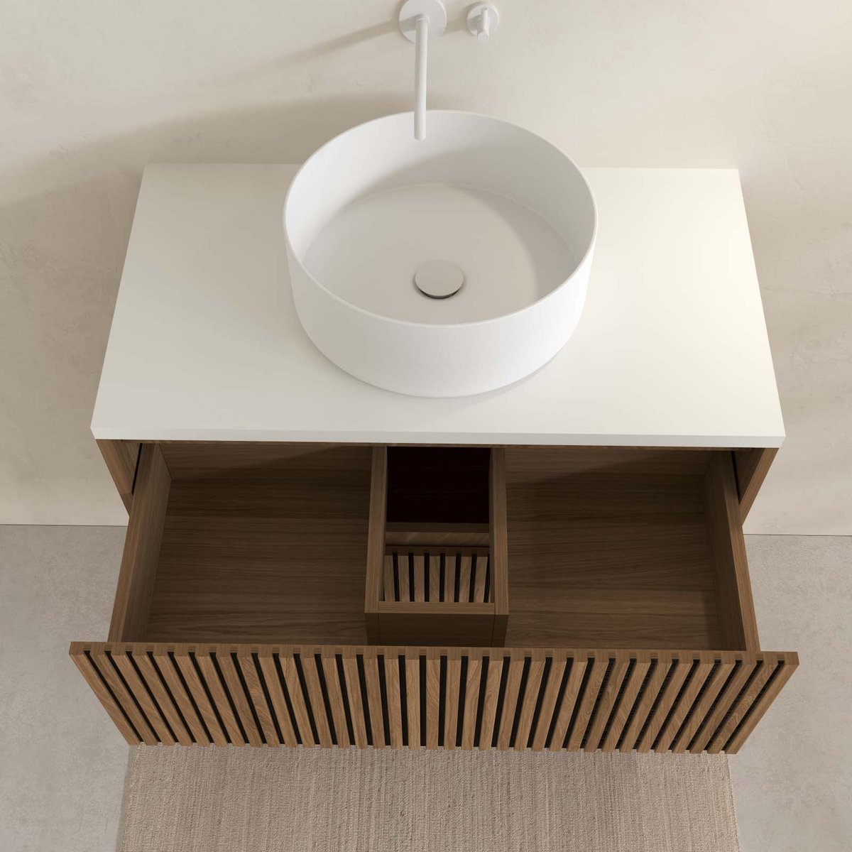 Meuble de salle de bain suspendu avec façade crantée, vasque(s) ronde(s) et miroir(s) LED naturel, HOME MAISON