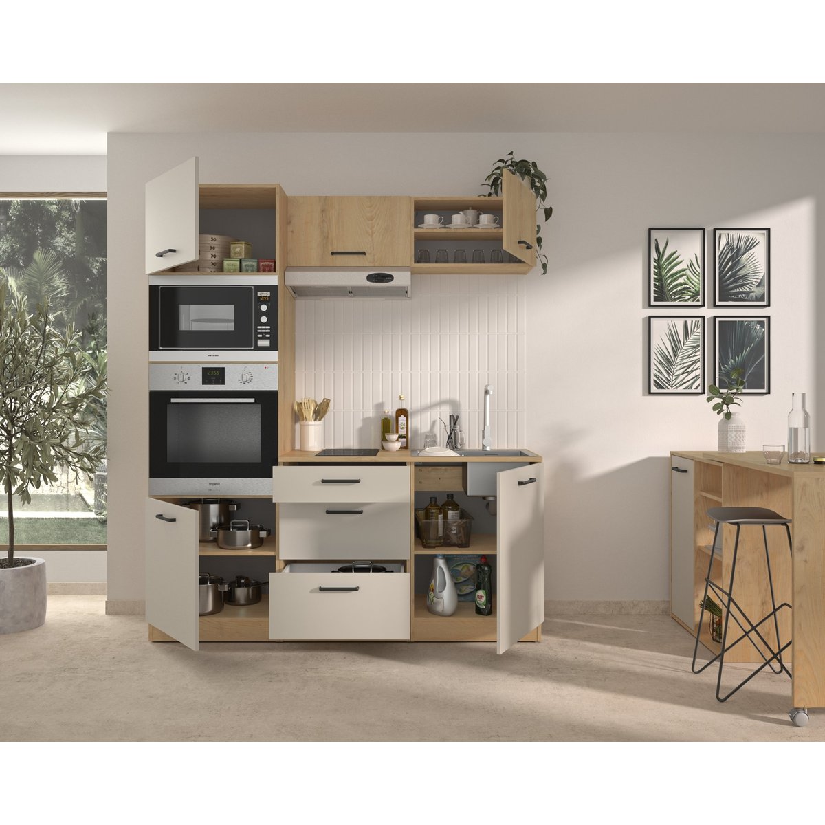 Composition de cuisine effet bois chêne silva beige, GAMI
