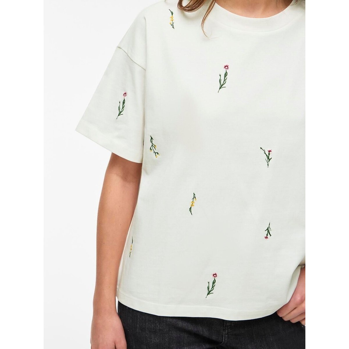 T-shirt met korte mouwen en ronde hals wit met bloemenprint, VILA