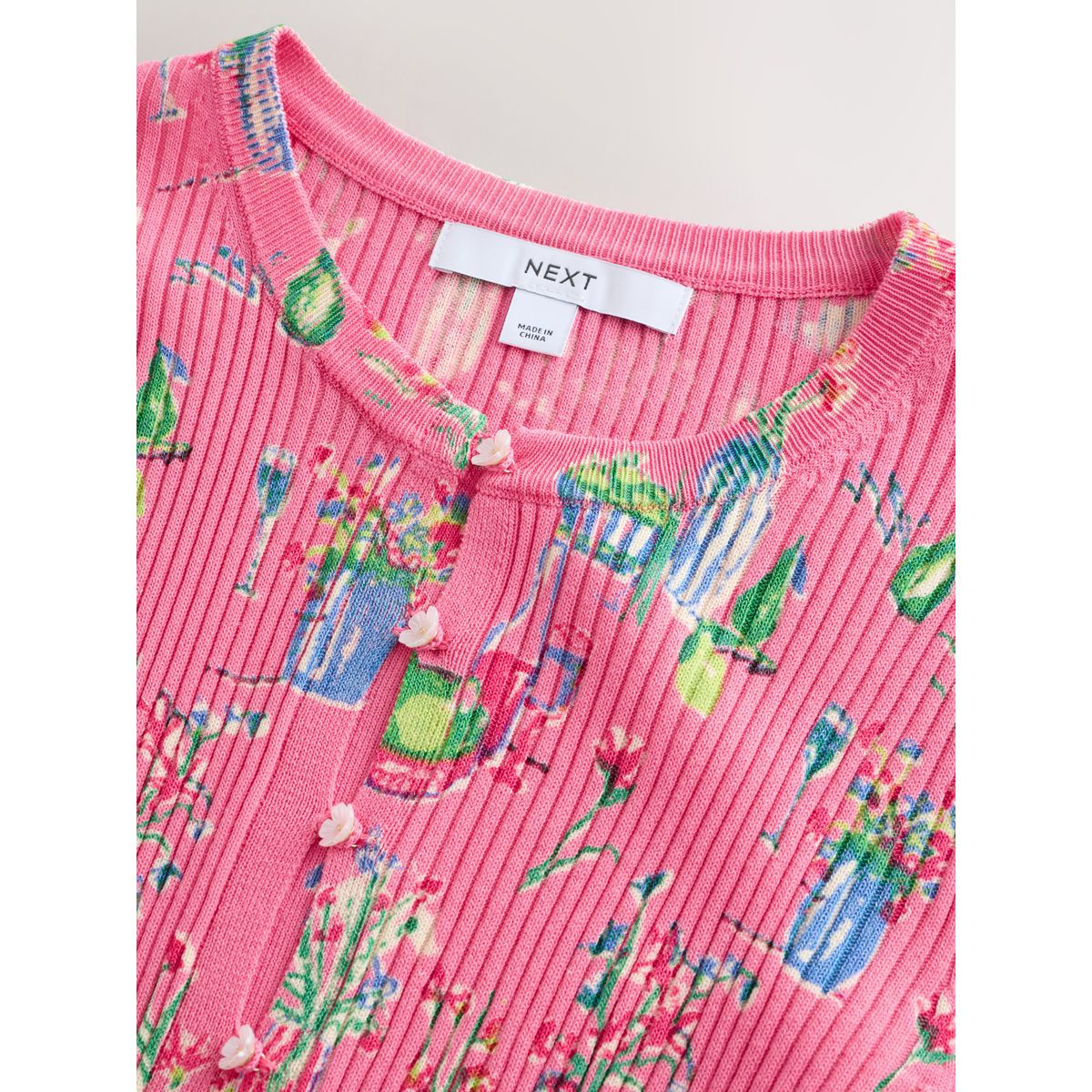 Cardigan en maille côtelée à boutons imprimé floral rose, NEXT
